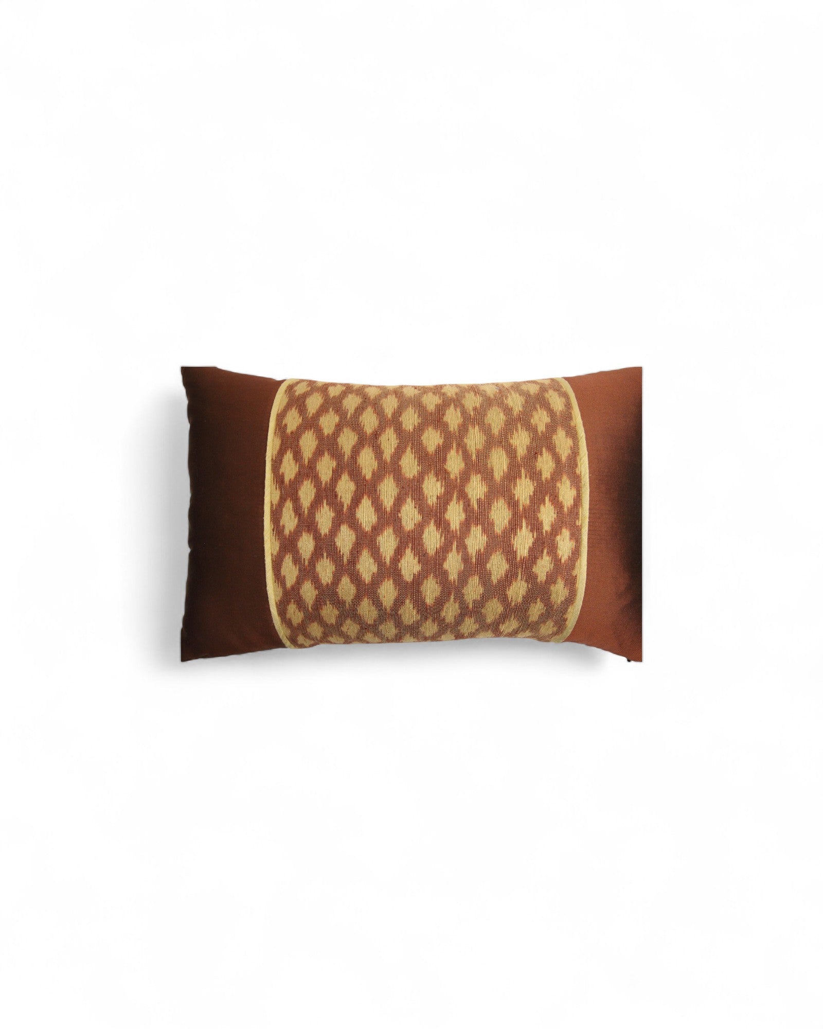 Lumbar Cushion in Handwoven Silk & Mudmee Silk Centre - Chocolate Brown, Green Lining