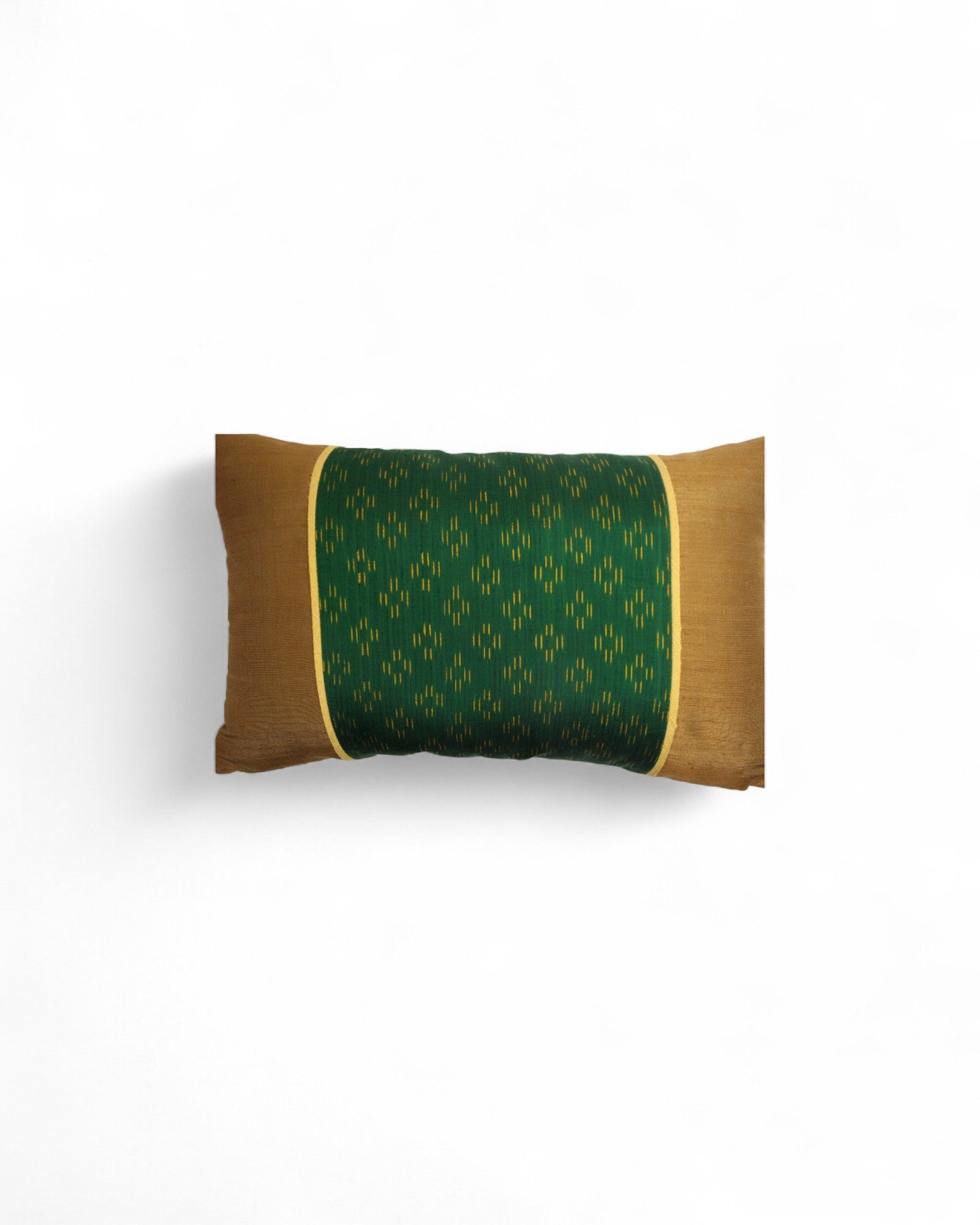 Lumbar Cushion in Handwoven Silk & Mudmee Silk Centre - Bronze & Green