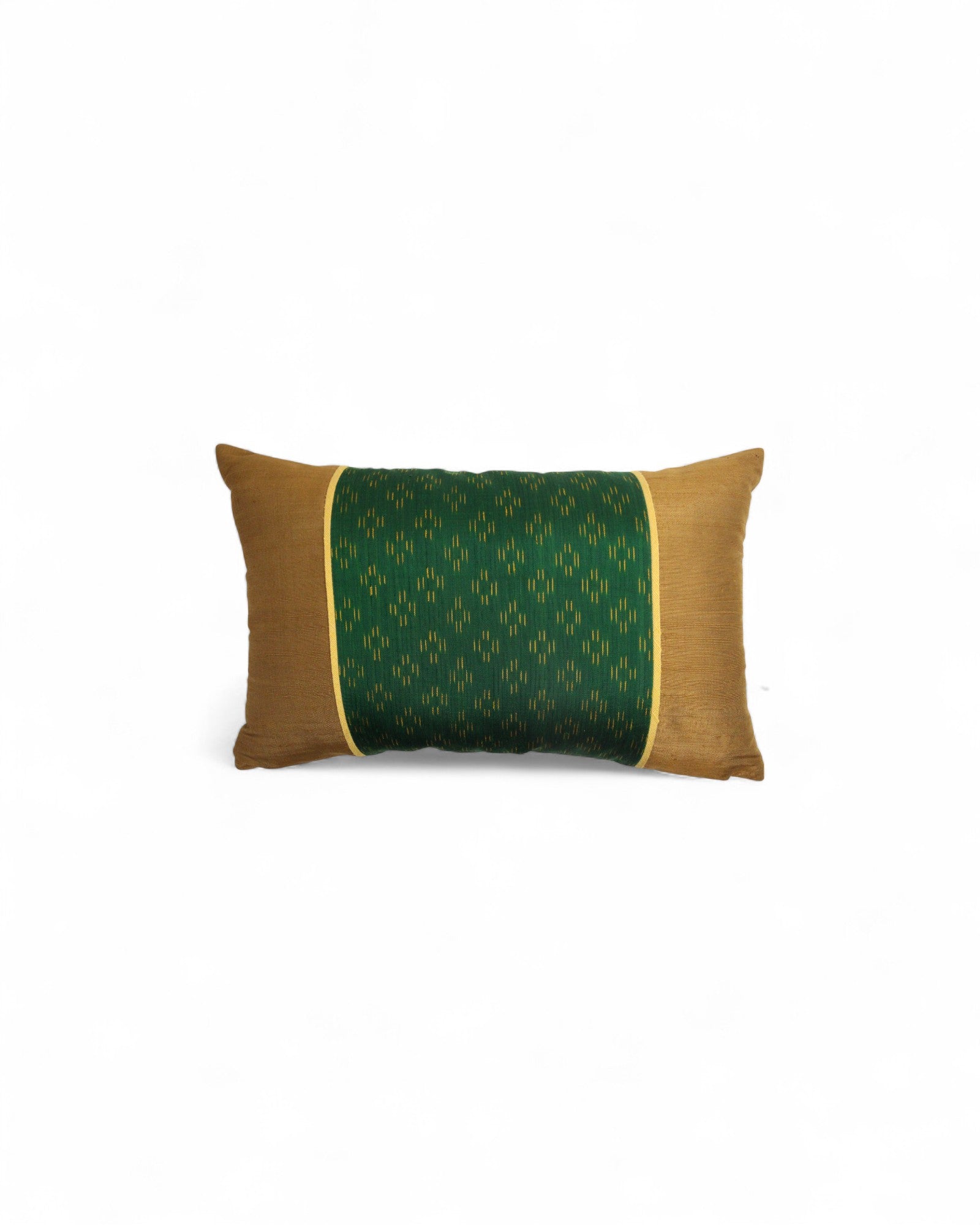 Lumbar Cushion in Handwoven Silk & Mudmee Silk Centre - Bronze & Green