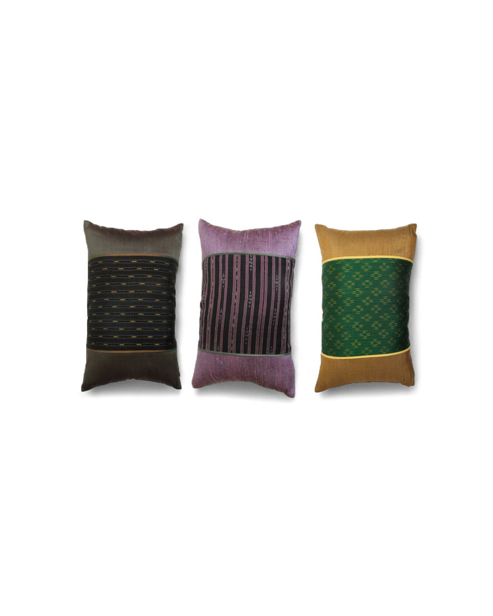 Rectangular Thai Textile Cushions – Indigo, Black Silk, and Sunset Orange - Set of 3