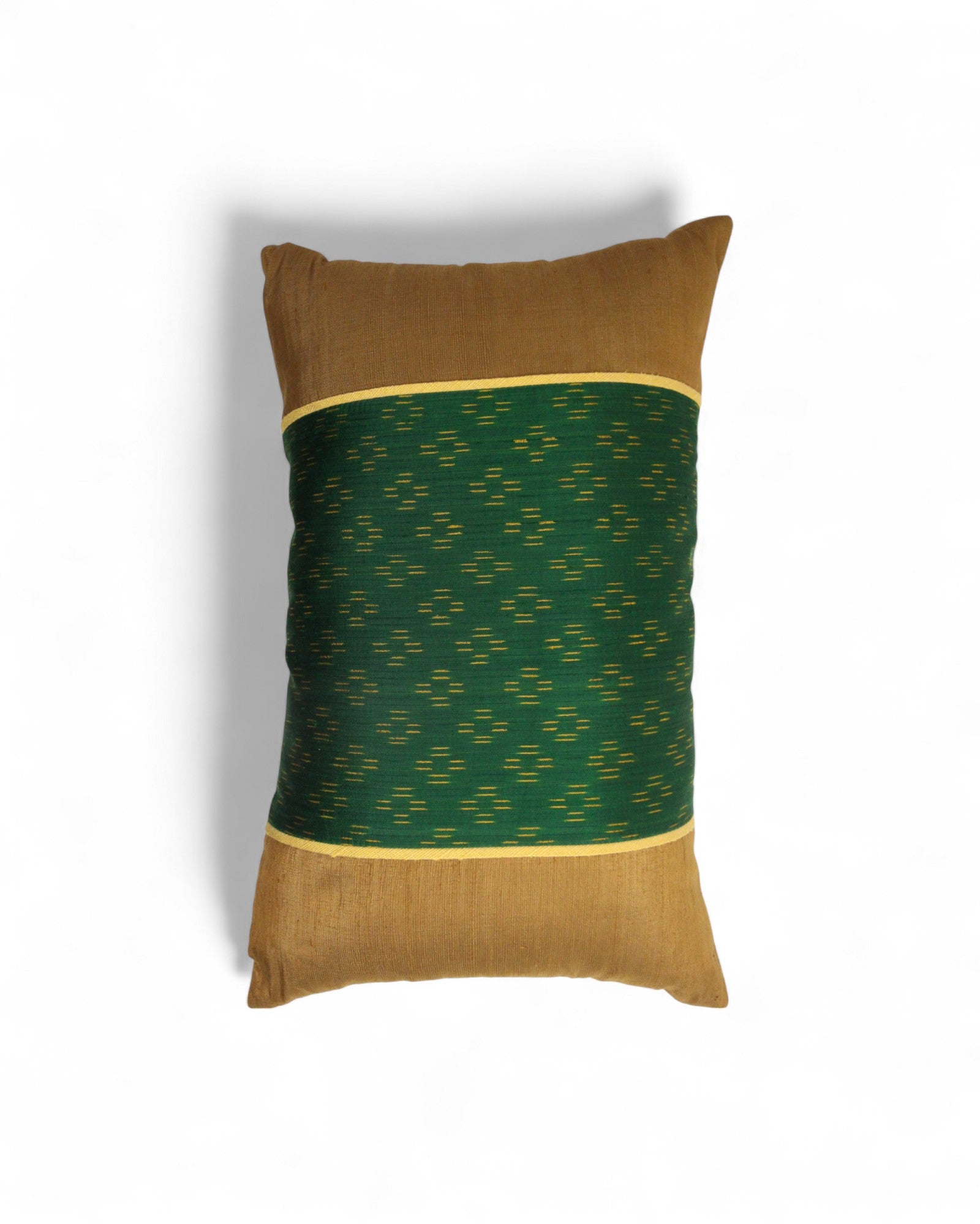 Lumbar Cushion in Handwoven Silk & Mudmee Silk Centre - Bronze & Green