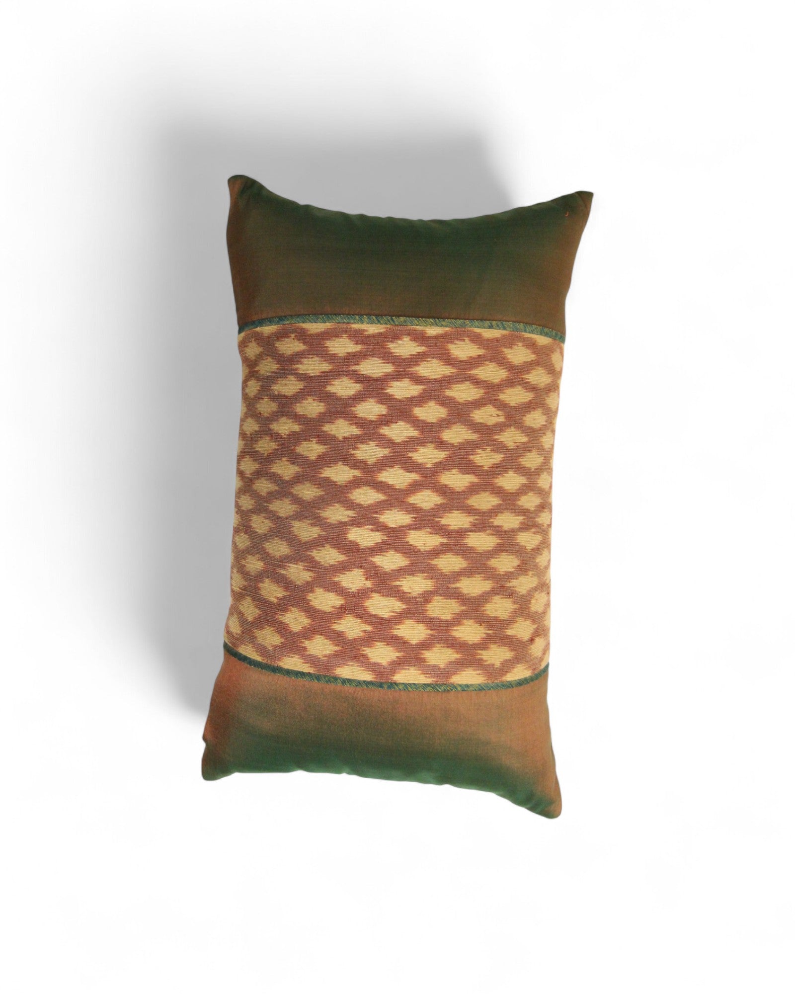 Lumbar Cushion in Handwoven Silk & Mudmee Silk Centre - Olive Green & Orange
