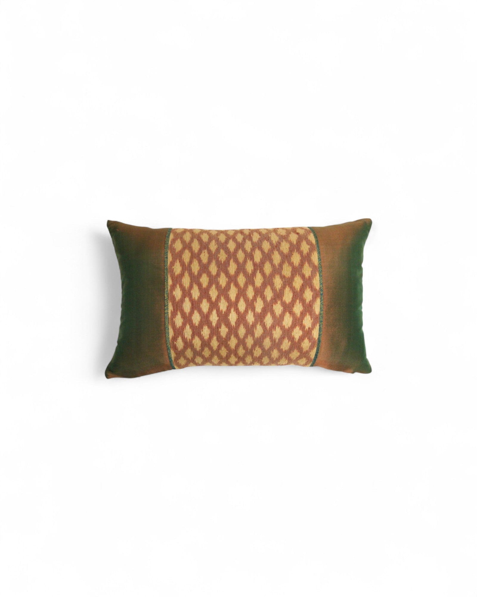 Lumbar Cushion in Handwoven Silk & Mudmee Silk Centre - Olive Green & Orange