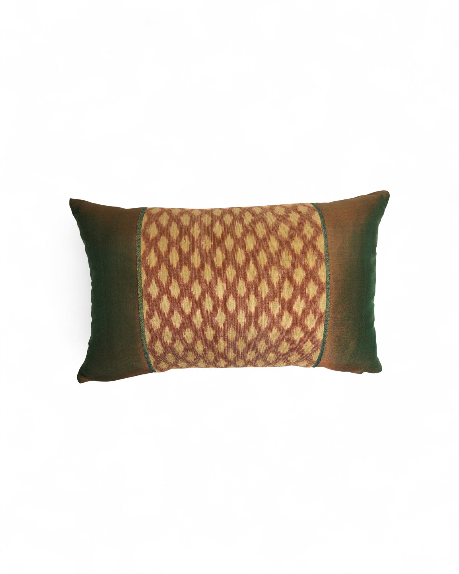 Lumbar Cushion in Handwoven Silk & Mudmee Silk Centre - Olive Green & Orange