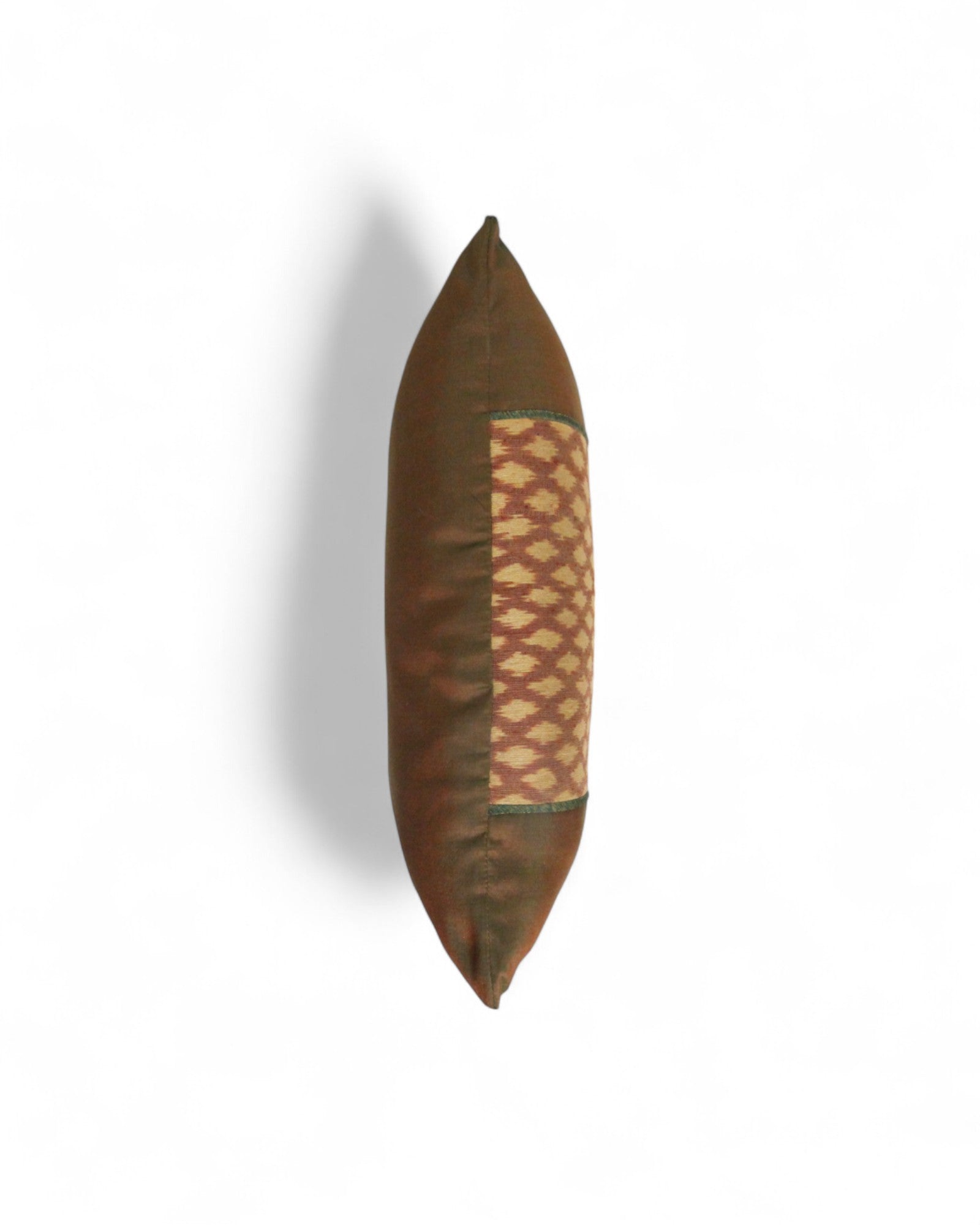 Lumbar Cushion in Handwoven Silk & Mudmee Silk Centre - Olive Green & Orange