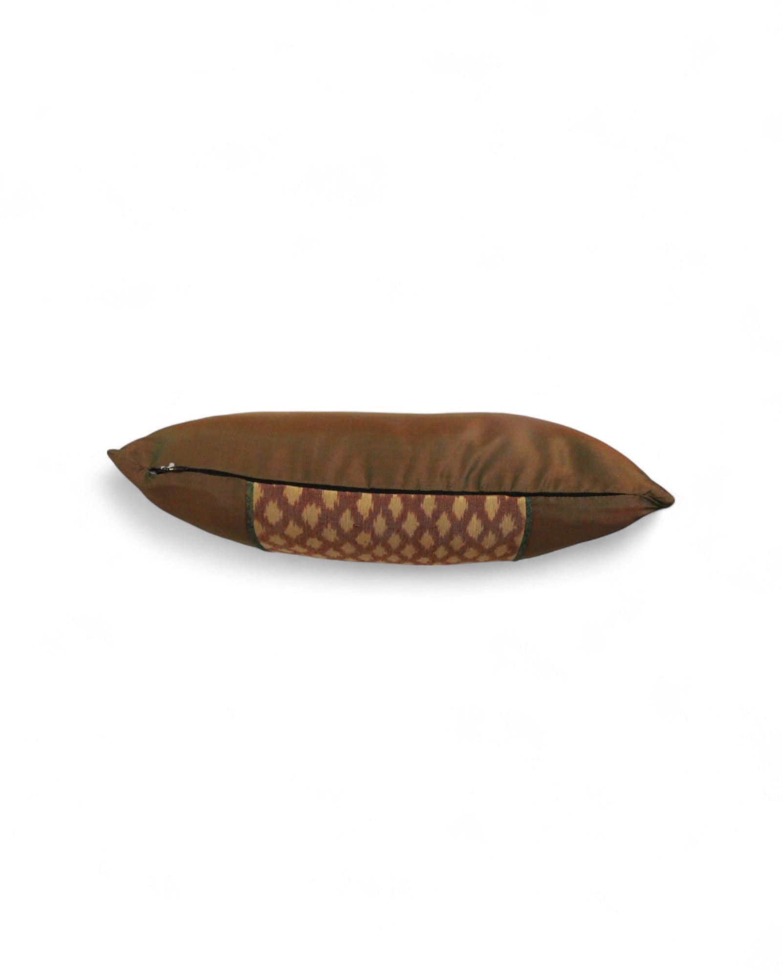 Lumbar Cushion in Handwoven Silk & Mudmee Silk Centre - Olive Green & Orange