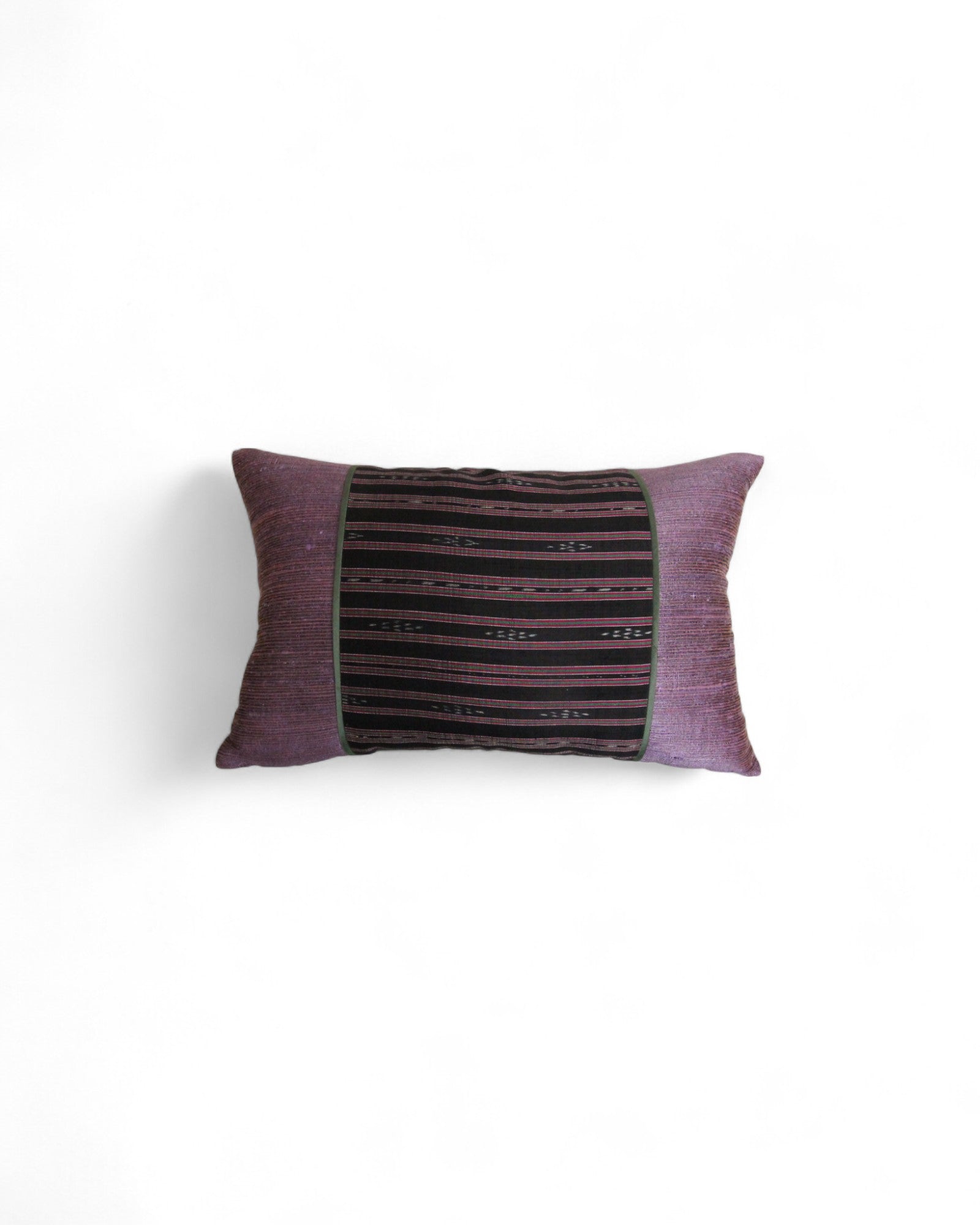 Lumbar cushion in plain handwoven silk sides and mudmee silk center with piping
