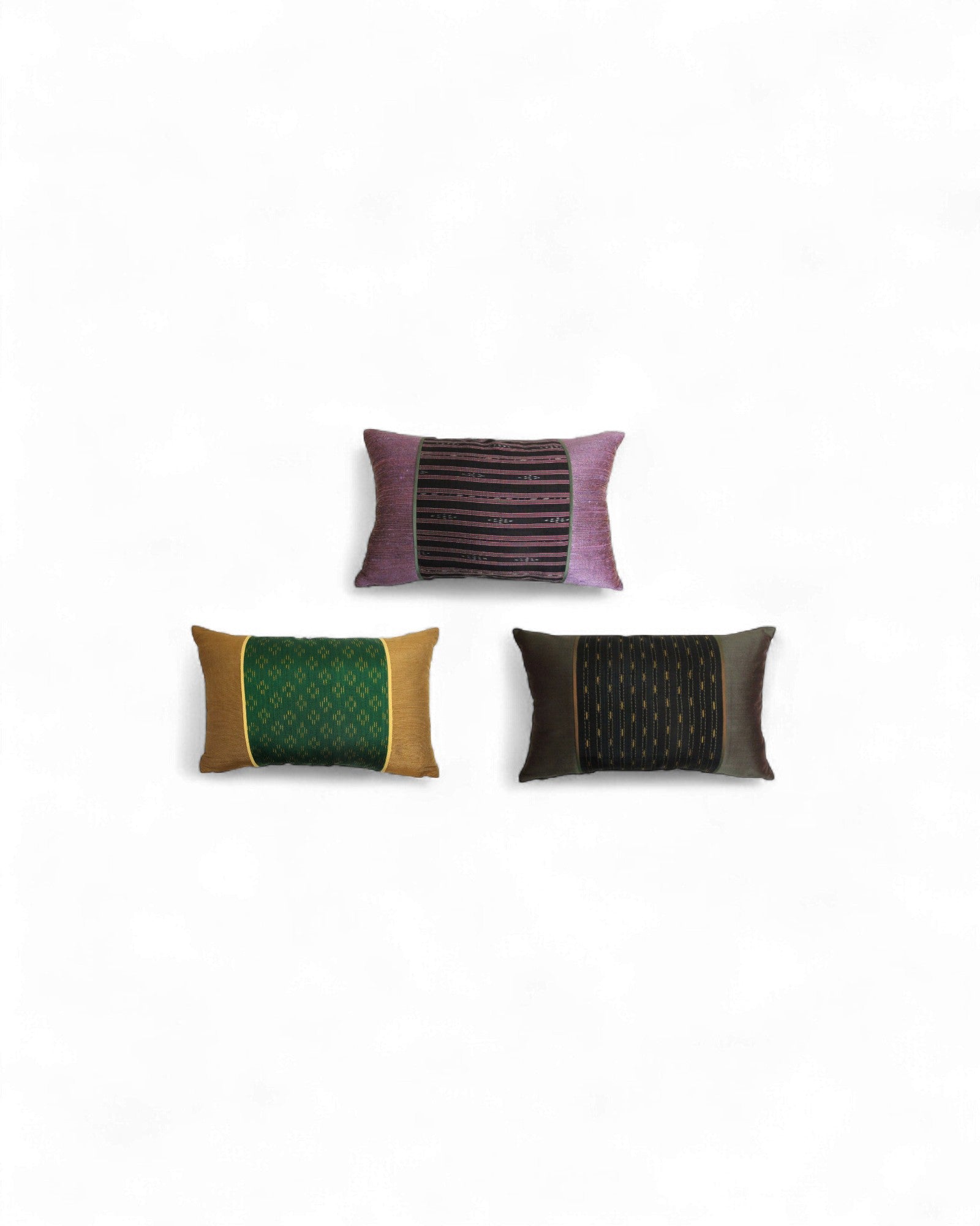 Rectangular Thai Textile Cushions – Indigo, Black Silk, and Sunset Orange - Set of 3