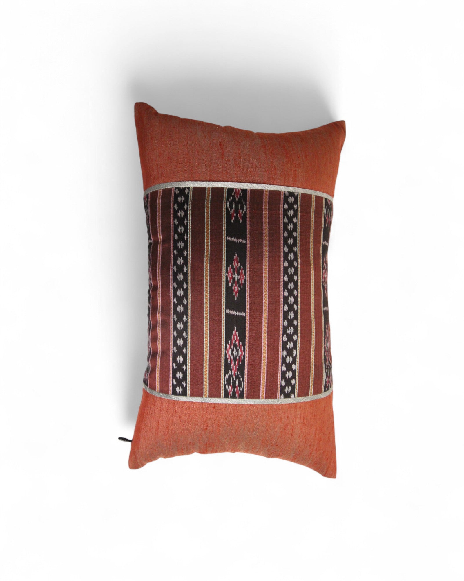 Lumbar Cushion in Handwoven Silk & Mudmee Silk Centre - Terracotta