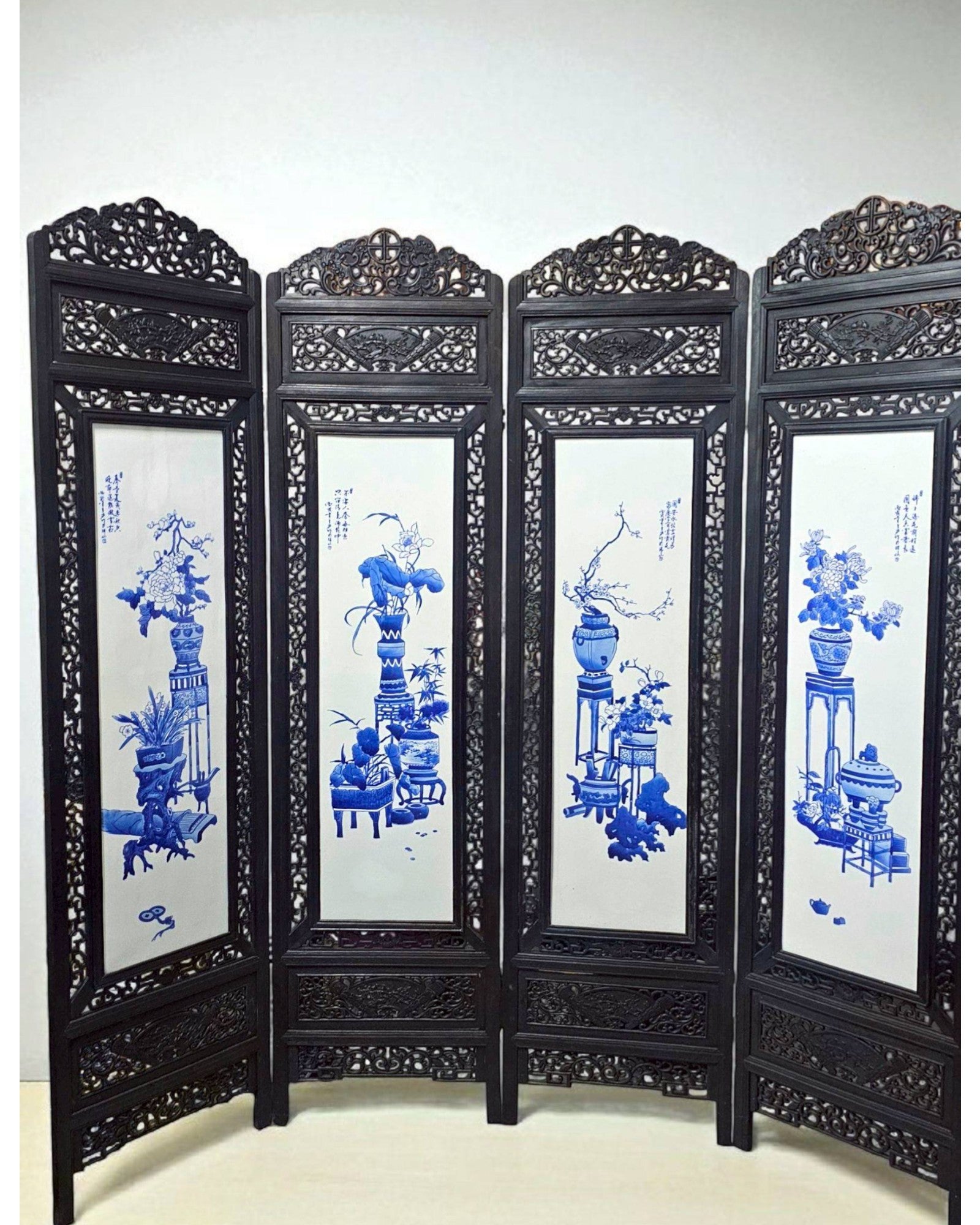 Four-Panel Hardwood Folding Screen with Blue-and-White Porcelain Insets