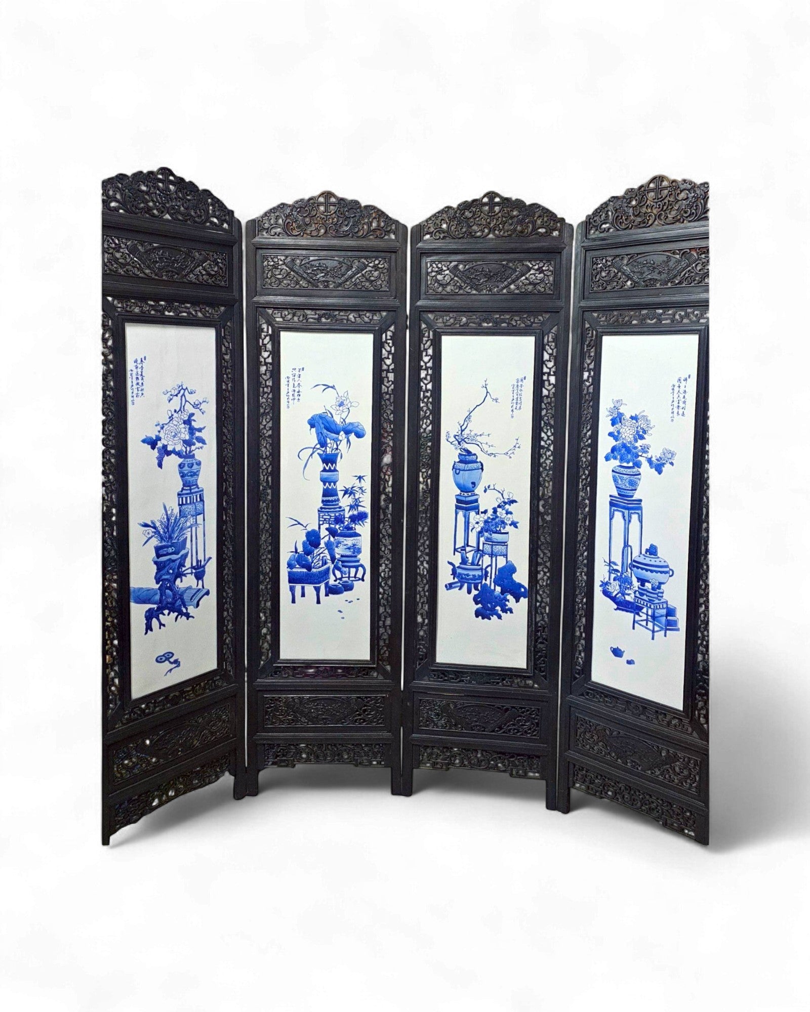 Four-Panel Hardwood Folding Screen with Blue-and-White Porcelain Insets