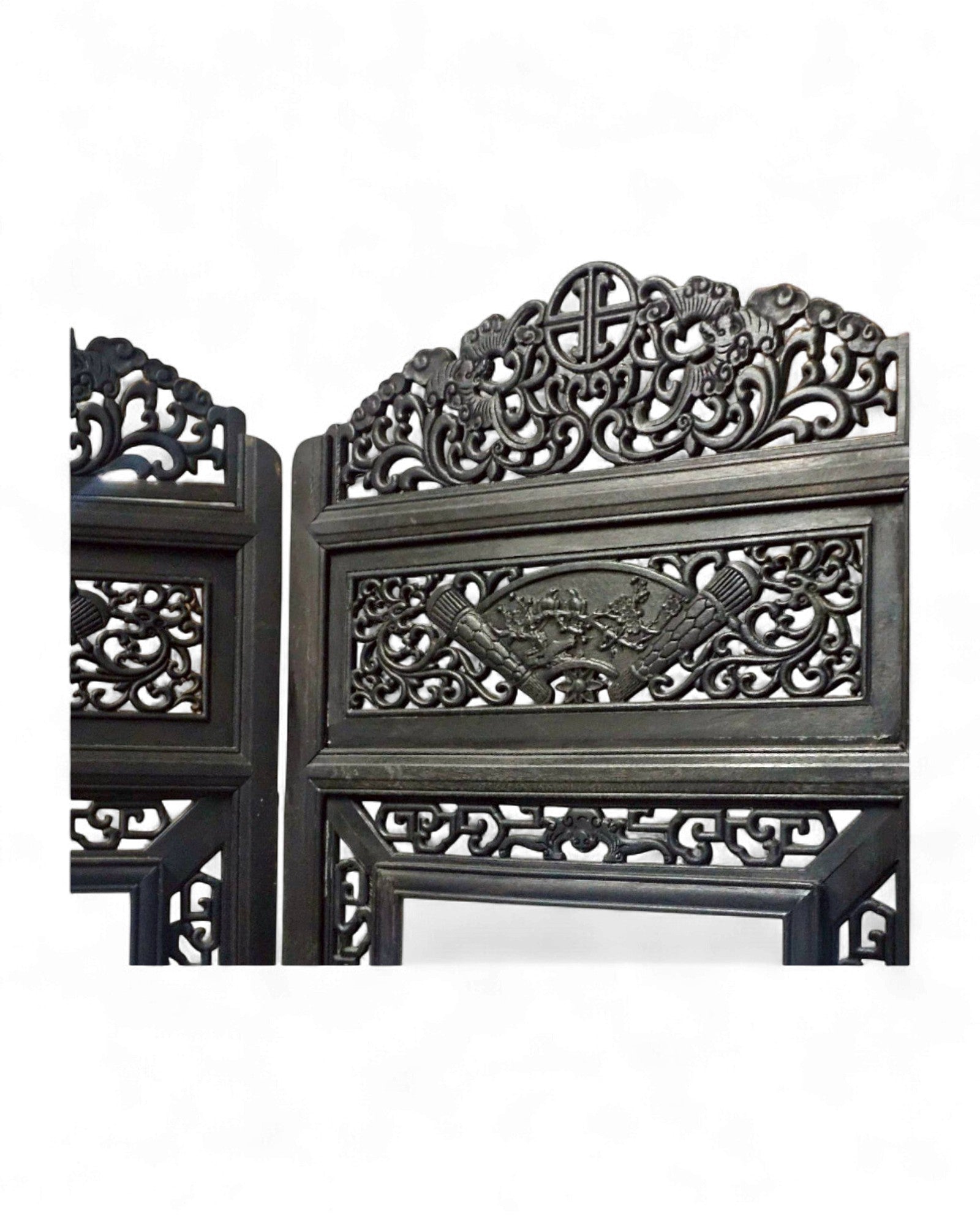 Four-Panel Hardwood Folding Screen with Blue-and-White Porcelain Insets