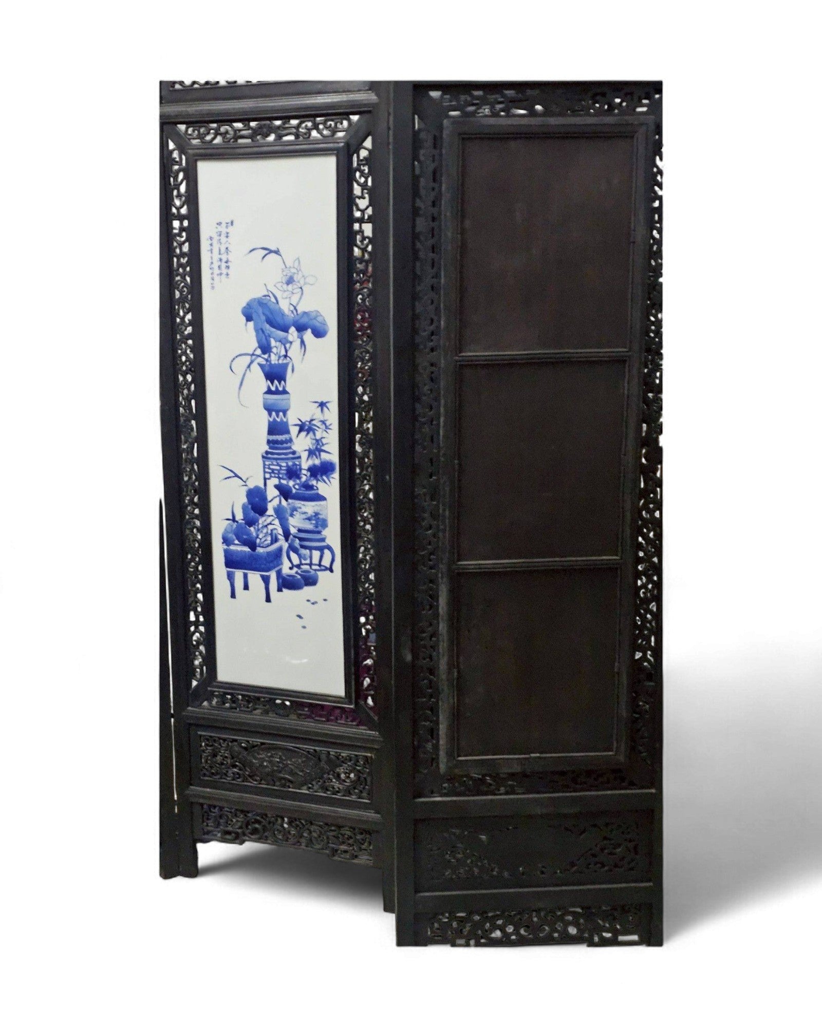 Four-Panel Hardwood Folding Screen with Blue-and-White Porcelain Insets