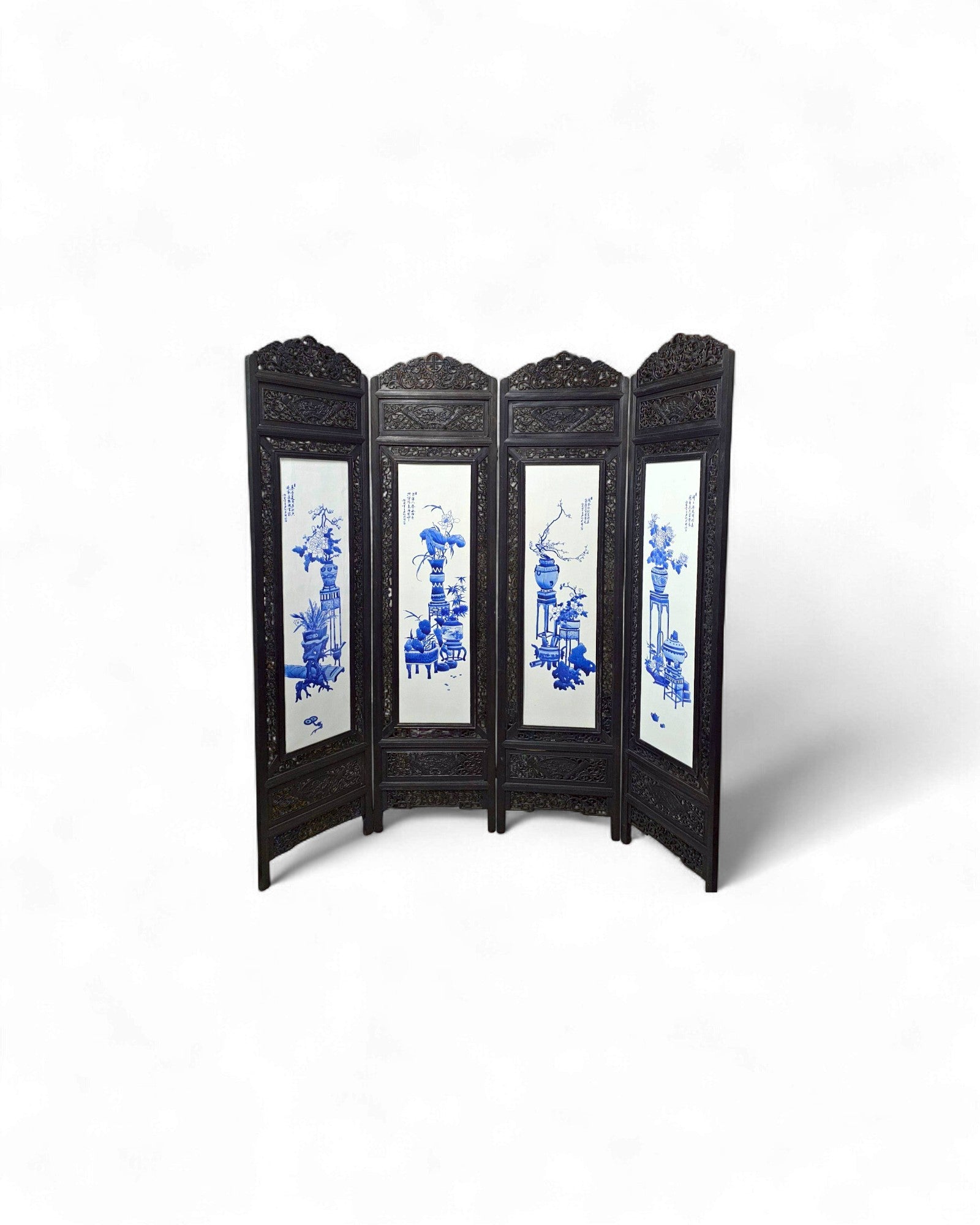 Four-Panel Hardwood Folding Screen with Blue-and-White Porcelain Insets