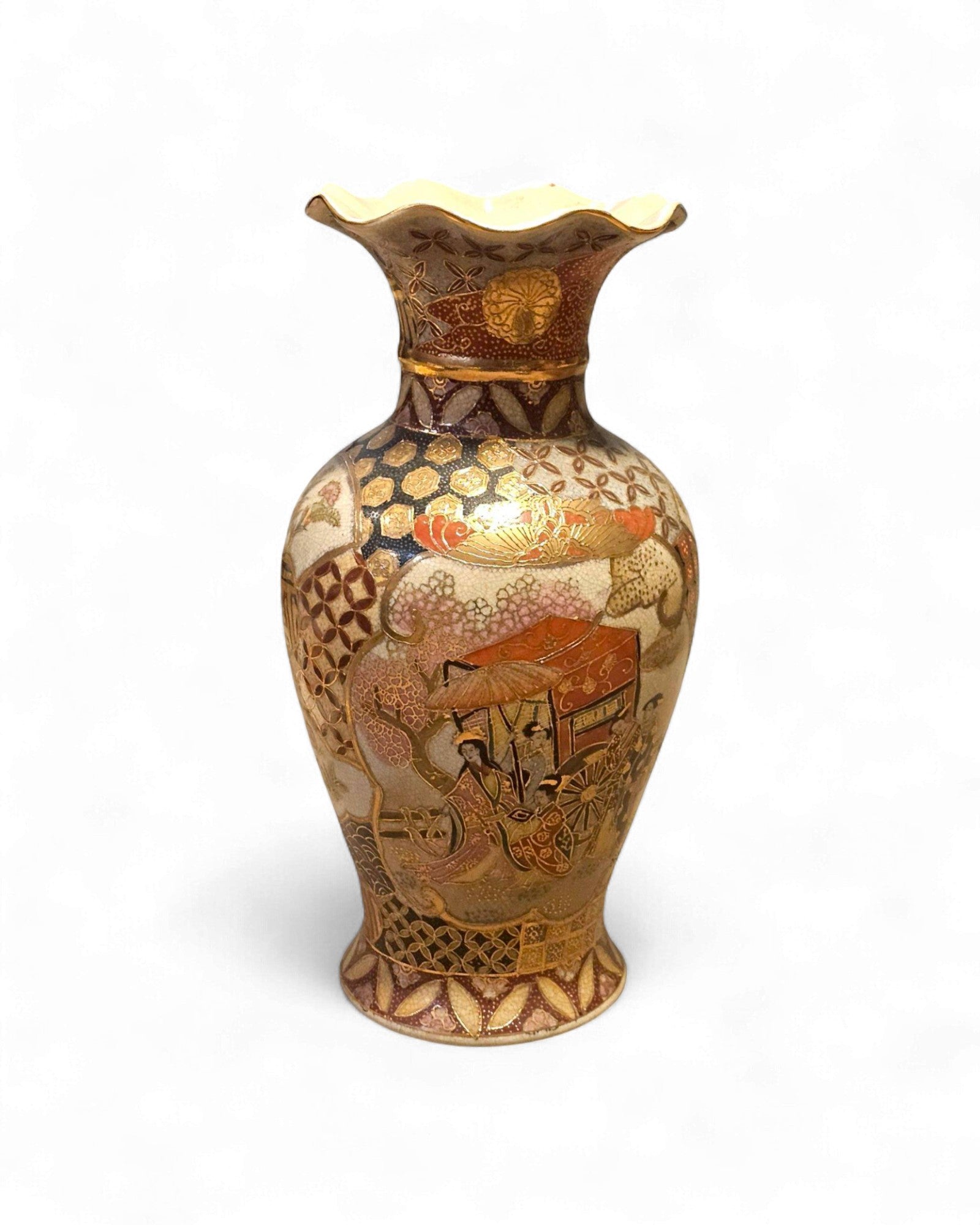 Japanese Kutani Vase with Fan and Figure Motifs