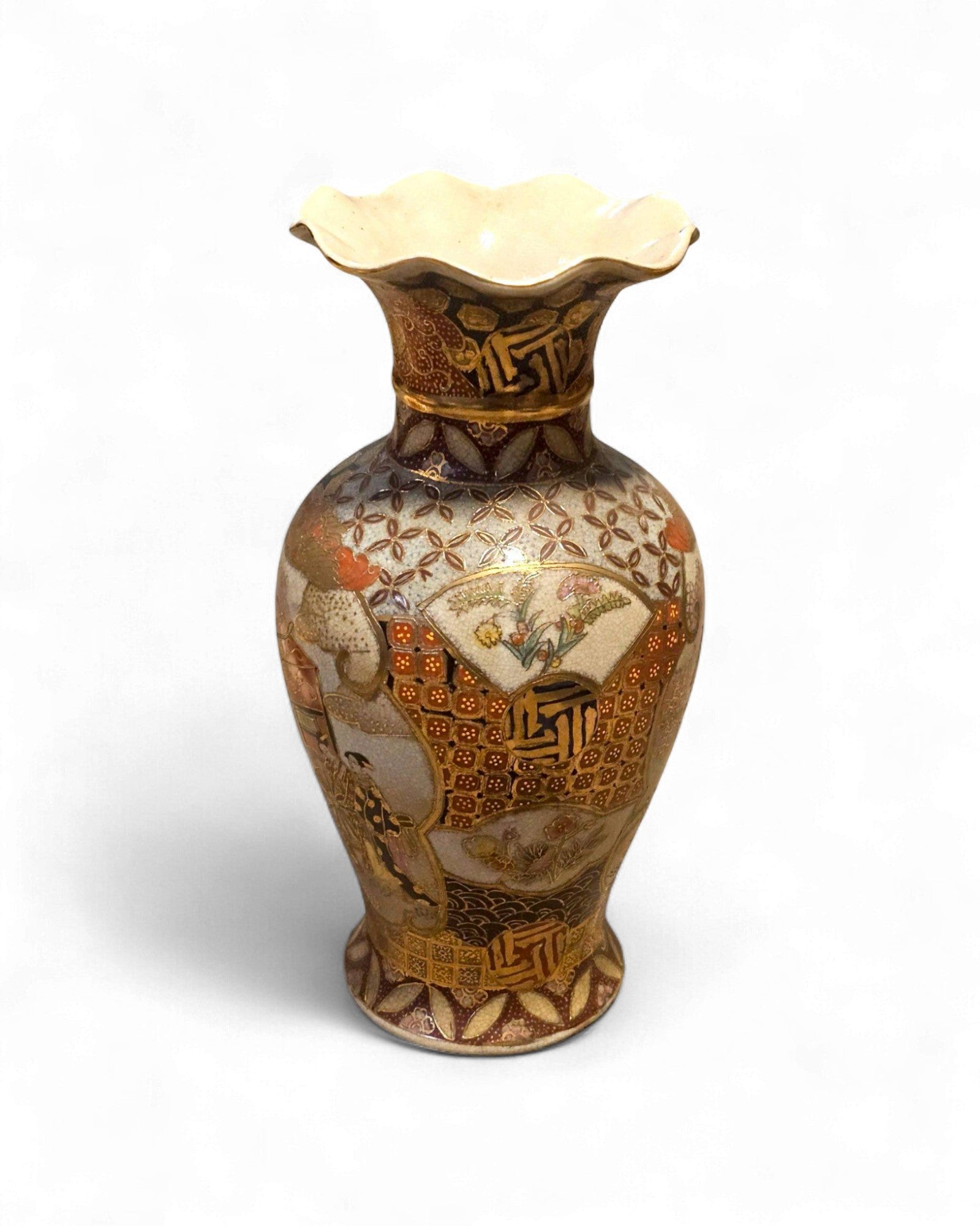 Japanese Kutani Vase with Fan and Figure Motifs