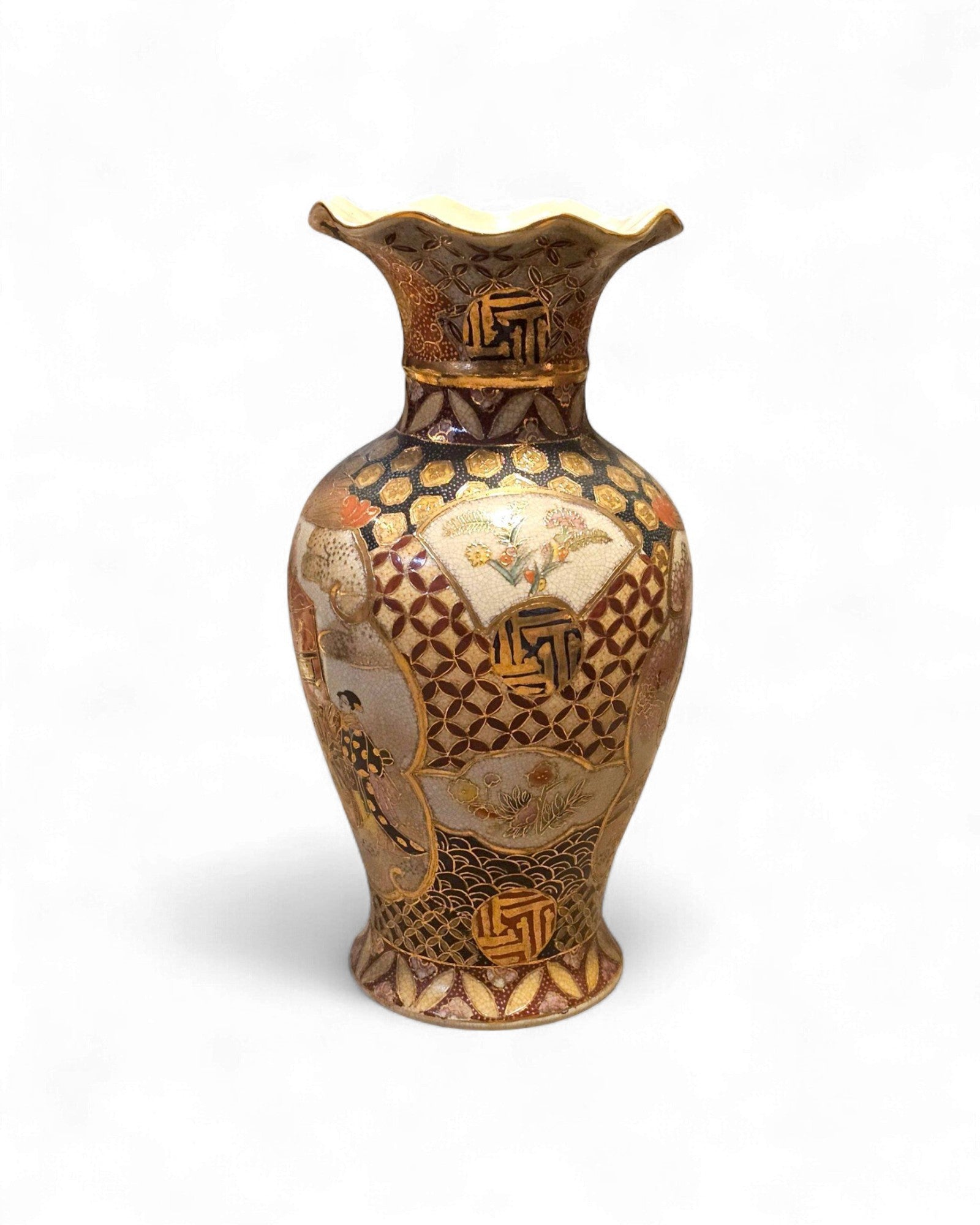 Japanese Kutani Vase with Fan and Figure Motifs - Surround Living - 6