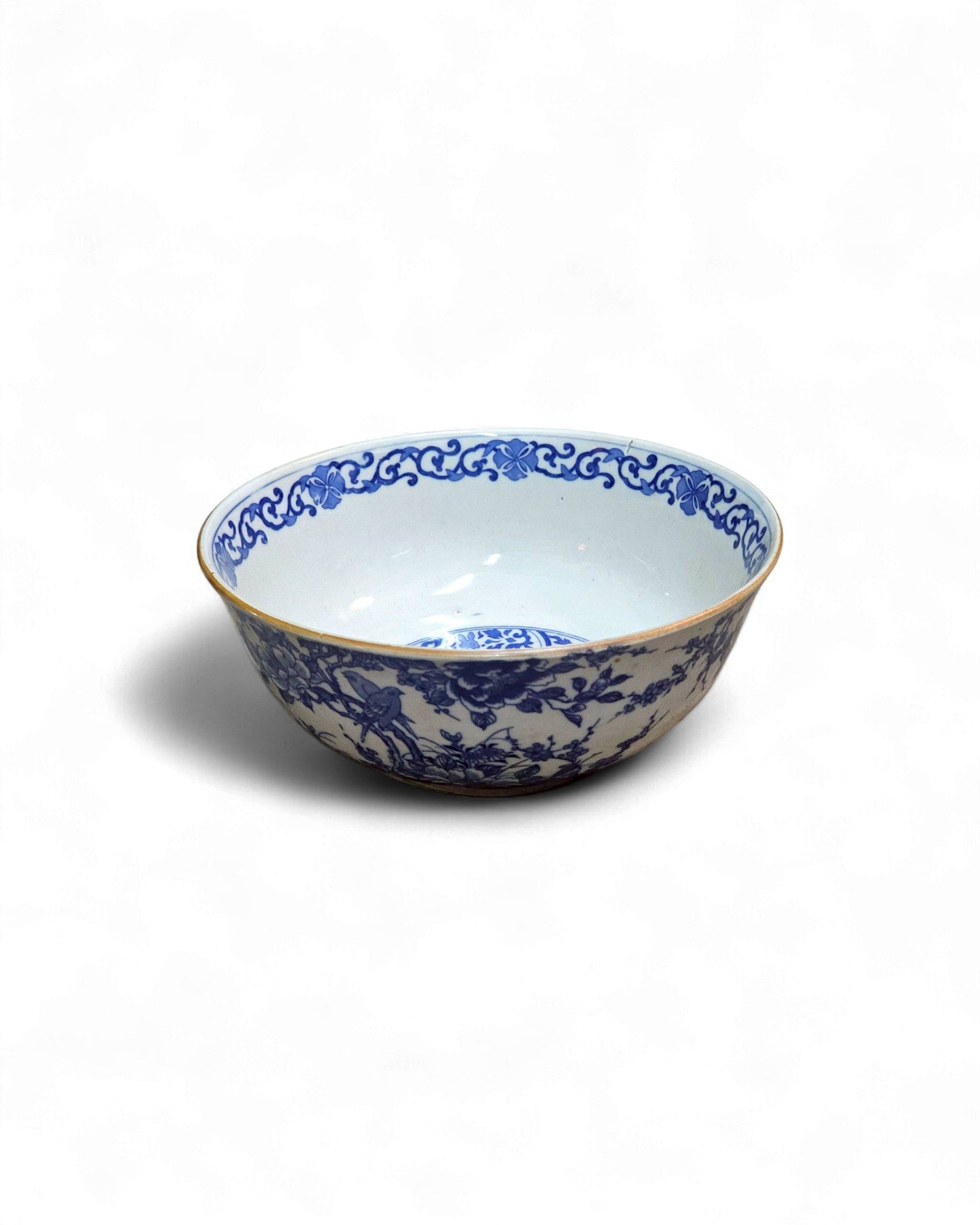 Blue and White Ceramic Bowl with Floral & Bird Motifs