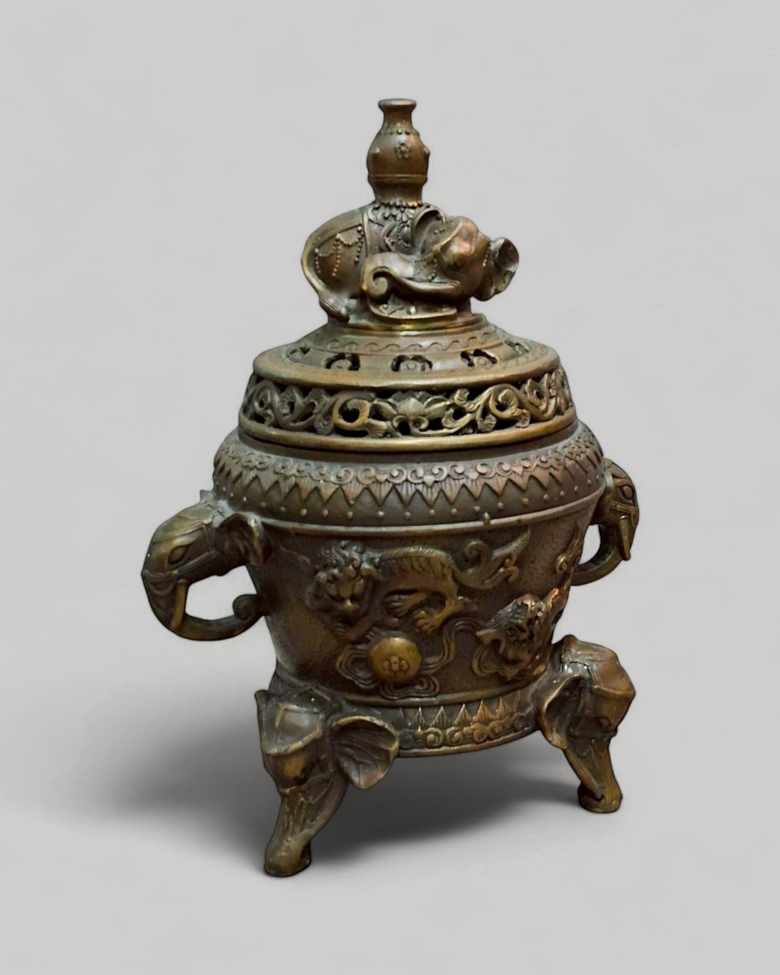 Bronze Incense Burner with Elephant Finial & Tripod Elephant-Head Legs