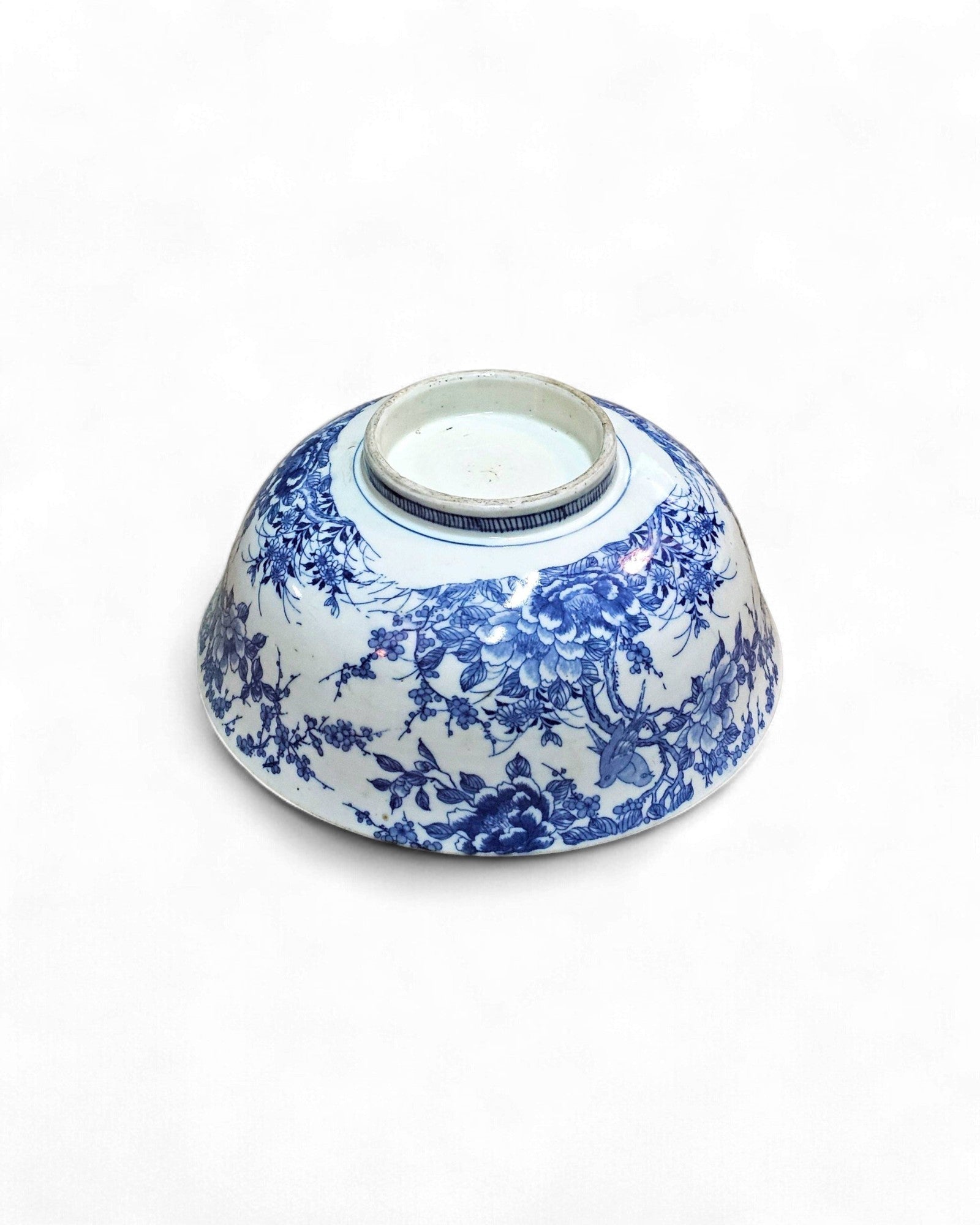 Blue and White Ceramic Bowl with Floral & Bird Motifs