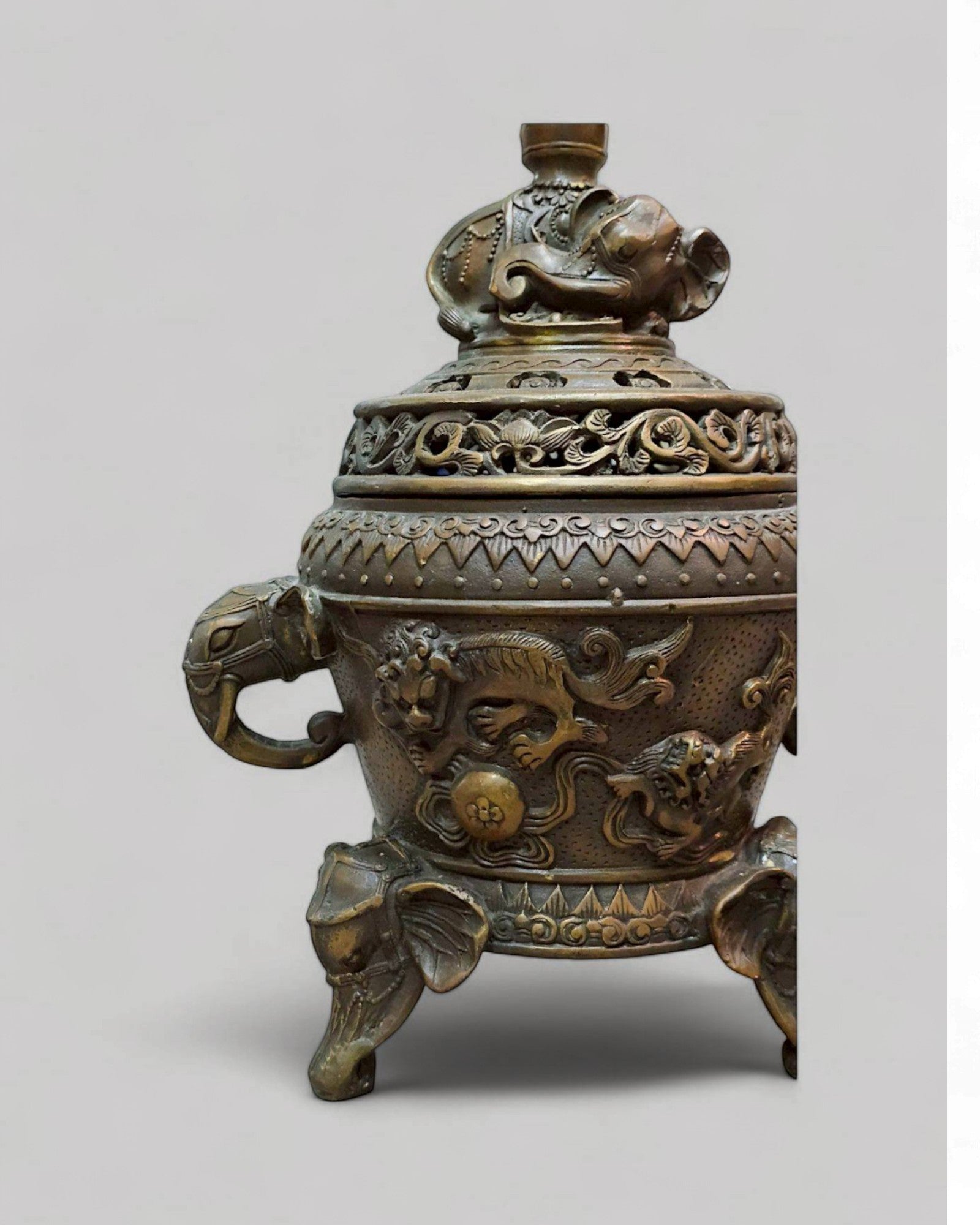 Bronze Incense Burner with Elephant Finial & Tripod Elephant-Head Legs