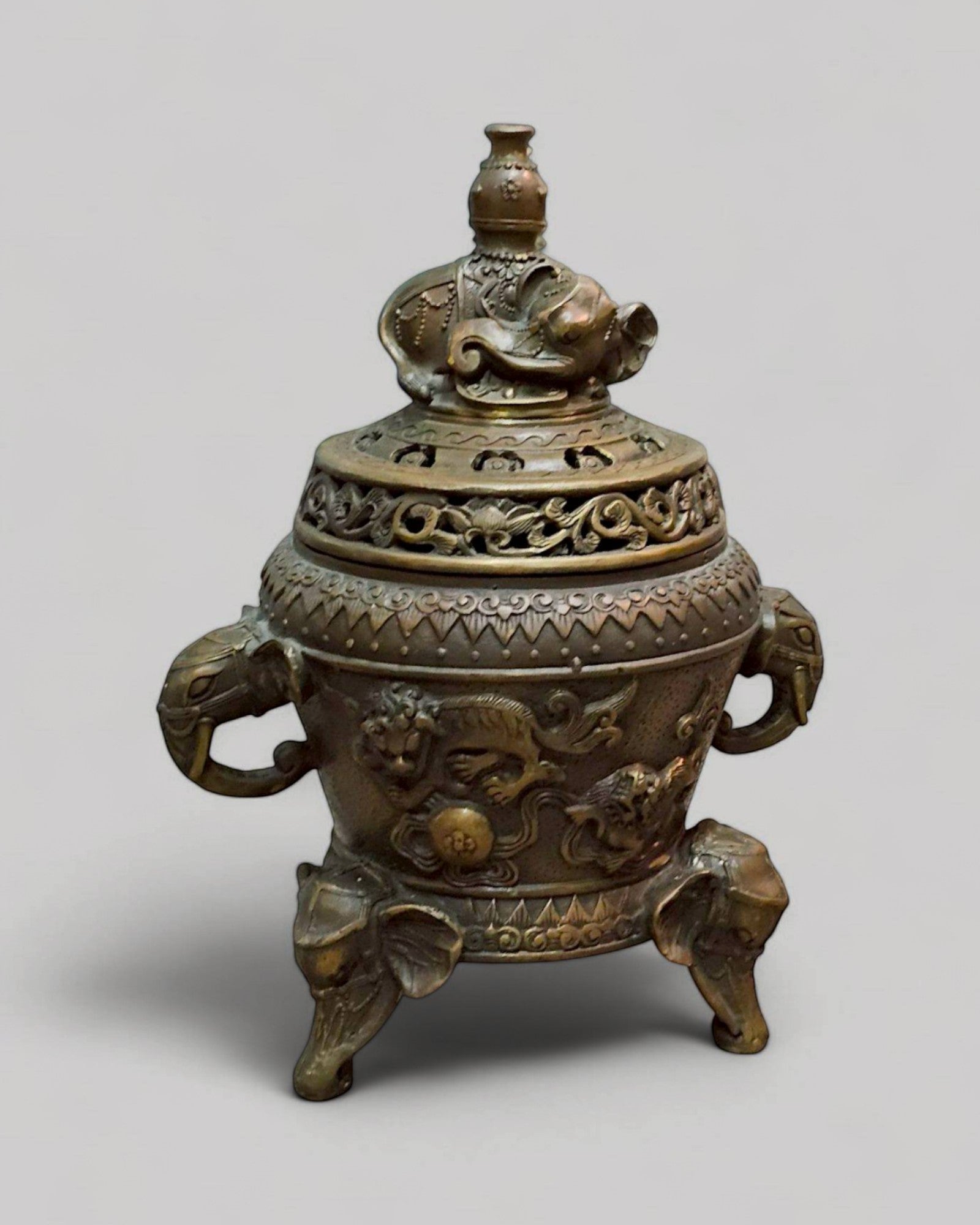 Bronze Incense Burner with Elephant Finial & Tripod Elephant-Head Legs