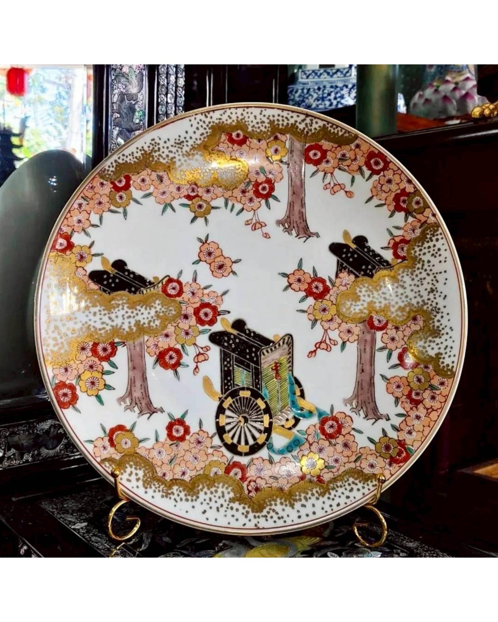 Japanese Kutani Decorative Plate with Palanquin & Cherry Blossom Motif - Surround Living - 9