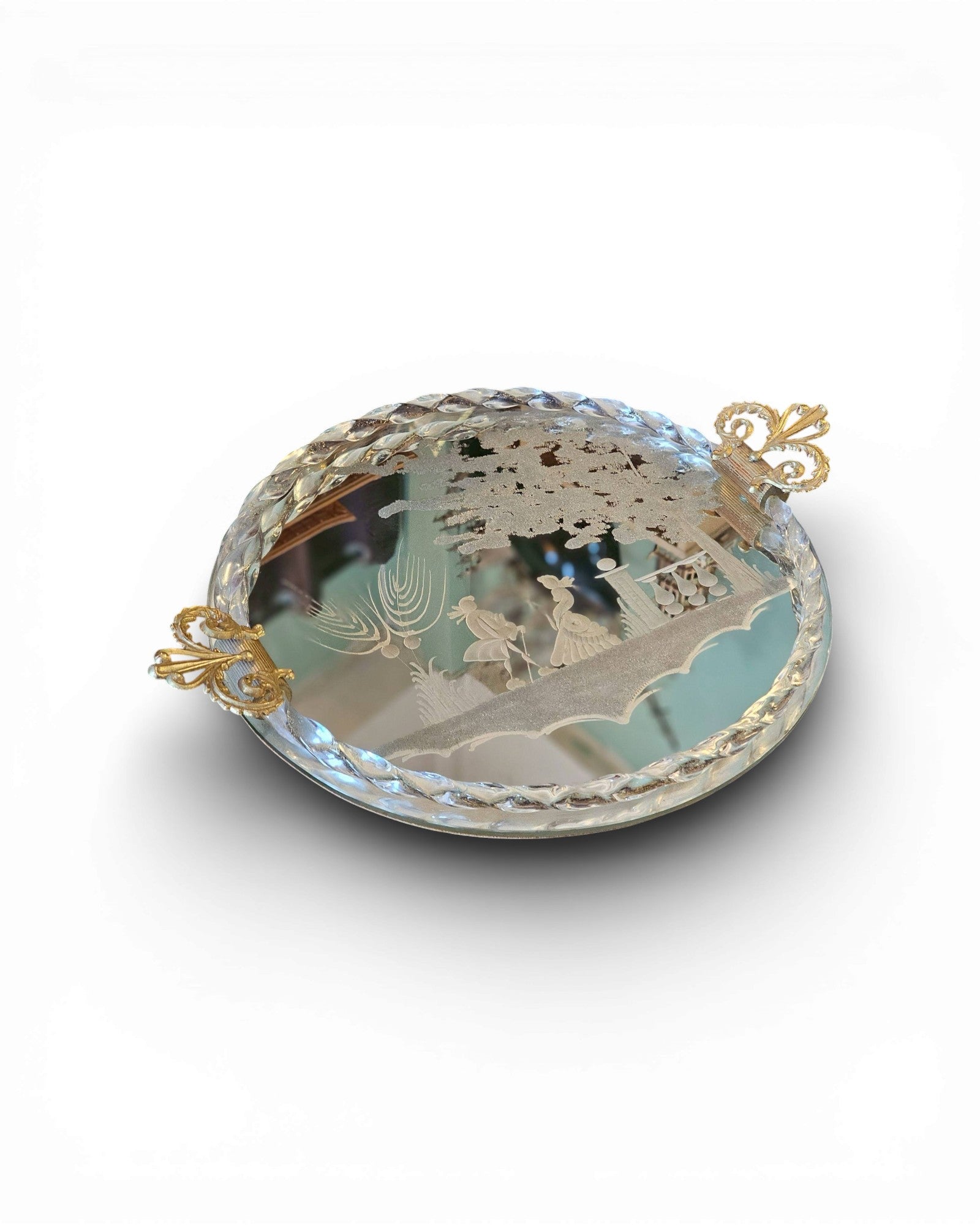 Murano Glass Etched Crystal Tray with Gilt Bronze Handles - Surround Living - 4