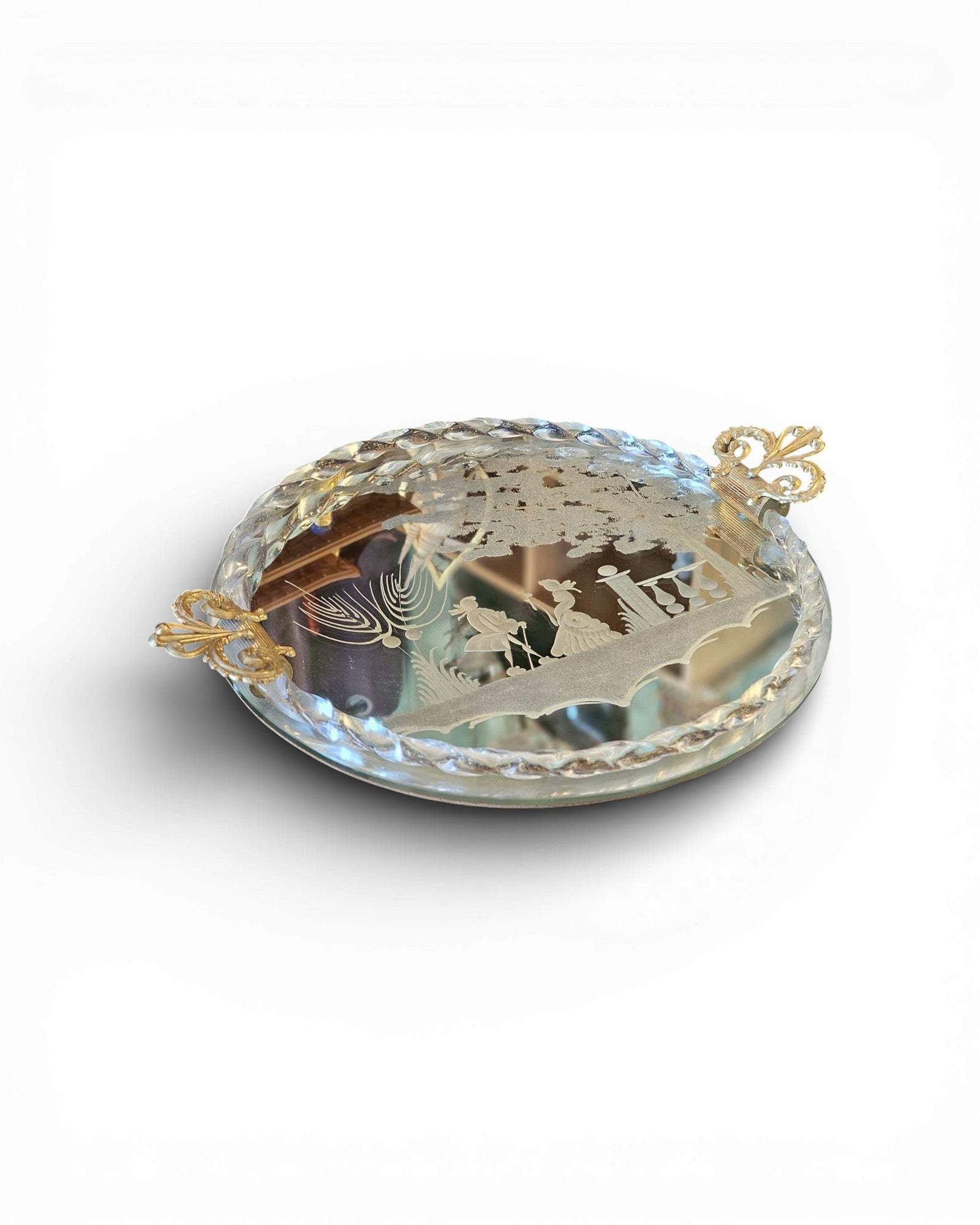 Murano Glass Etched Crystal Tray with Gilt Bronze Handles - Surround Living - 7