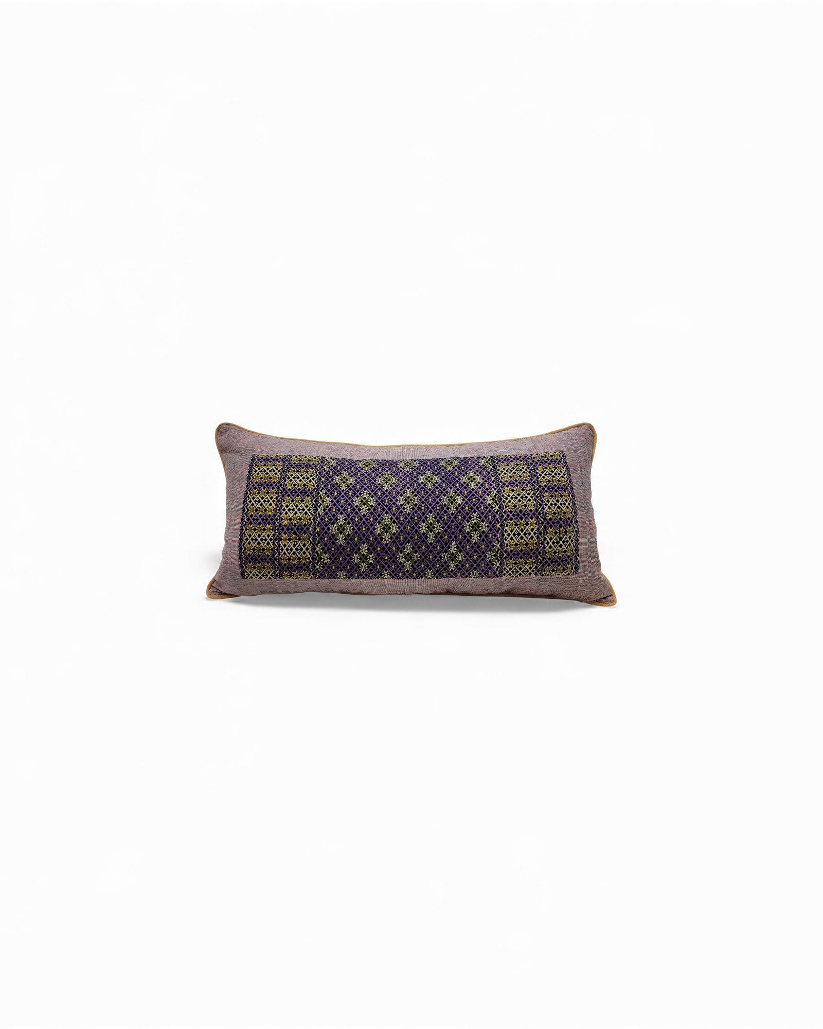 Lumba Cushion with Karen Hilltribe Centrepiece, Multicoloured piping - Light Purple