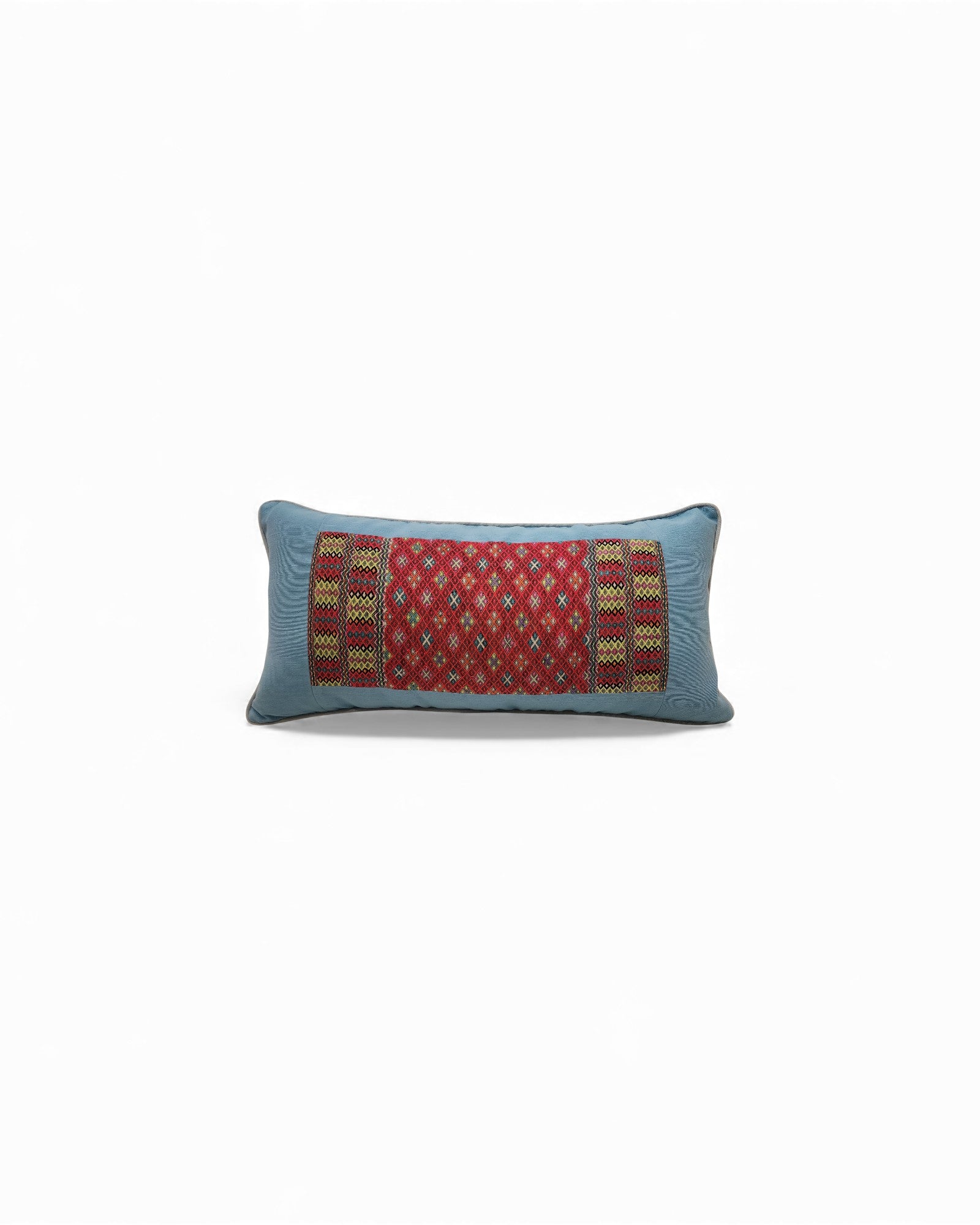 Lumba Cushion with Karen Hilltribe Centrepiece, Multicoloured piping - Light Blue