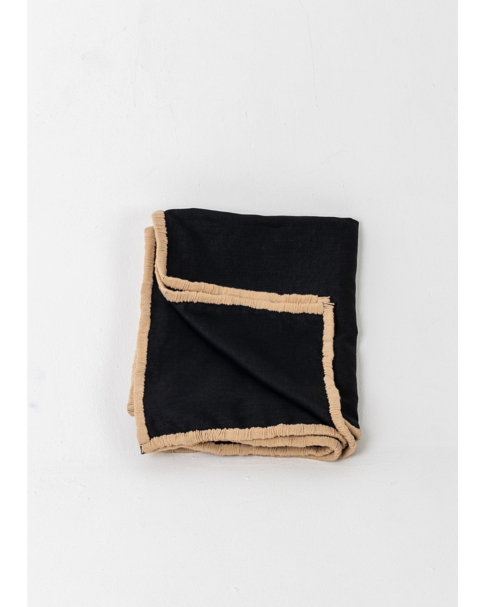 Linen Throw Blanket With Embroidered Border - Black with Cream Border