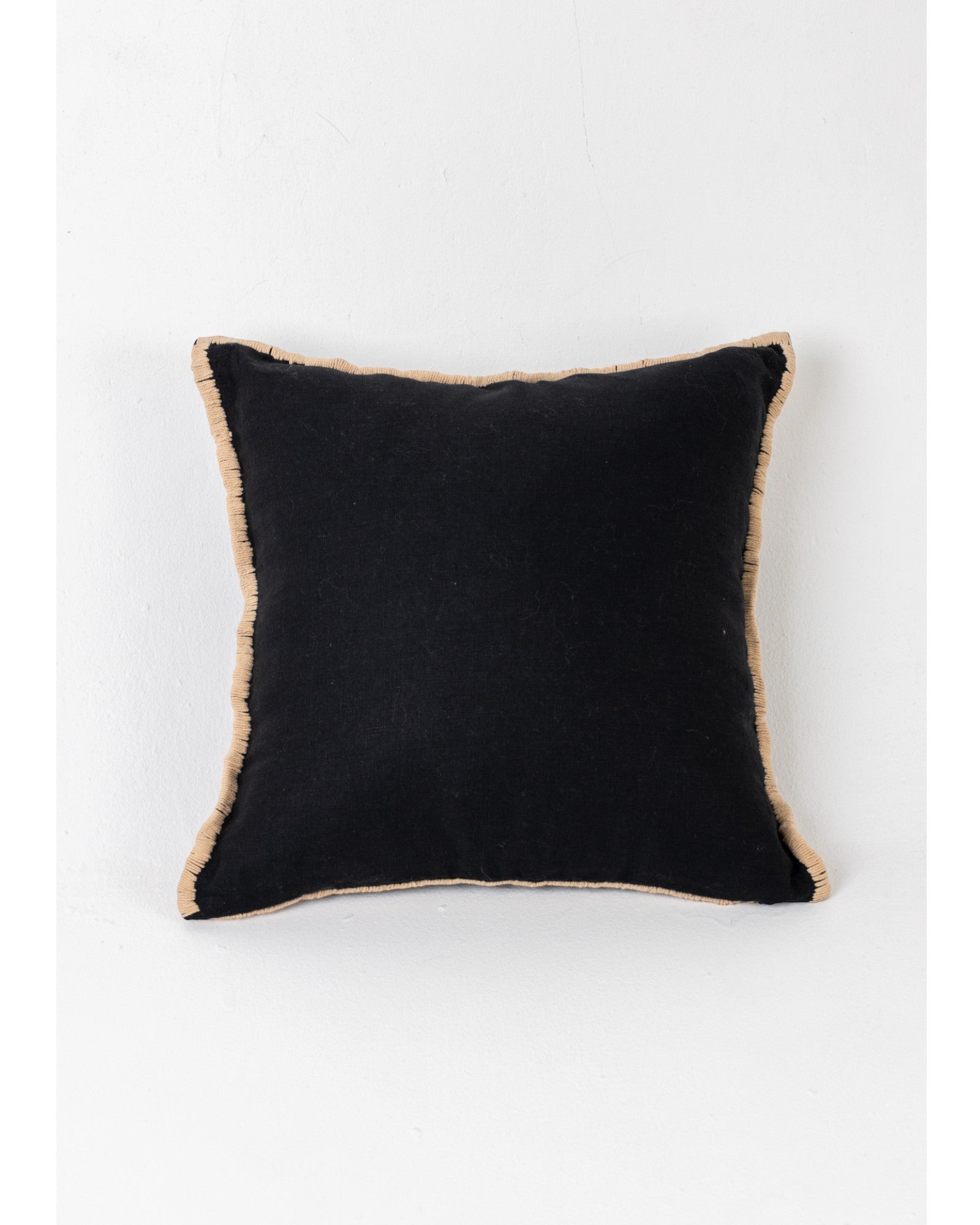 Linen Cushion Cover With Embroidered Border - Black with Light Brown Border