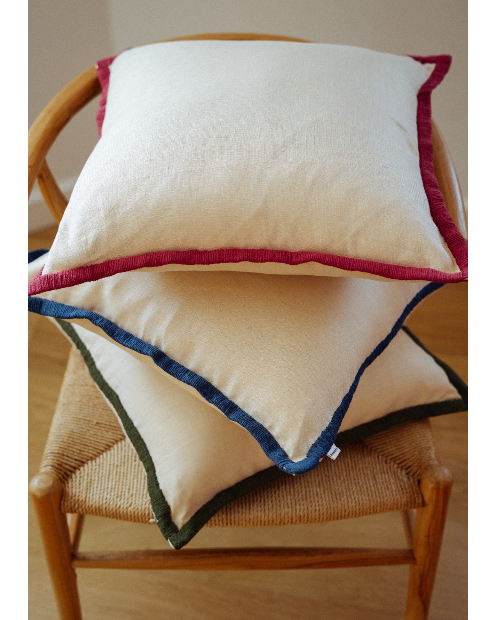 Linen Cushion Cover With Embroidered Border - Light Beige, Green Border