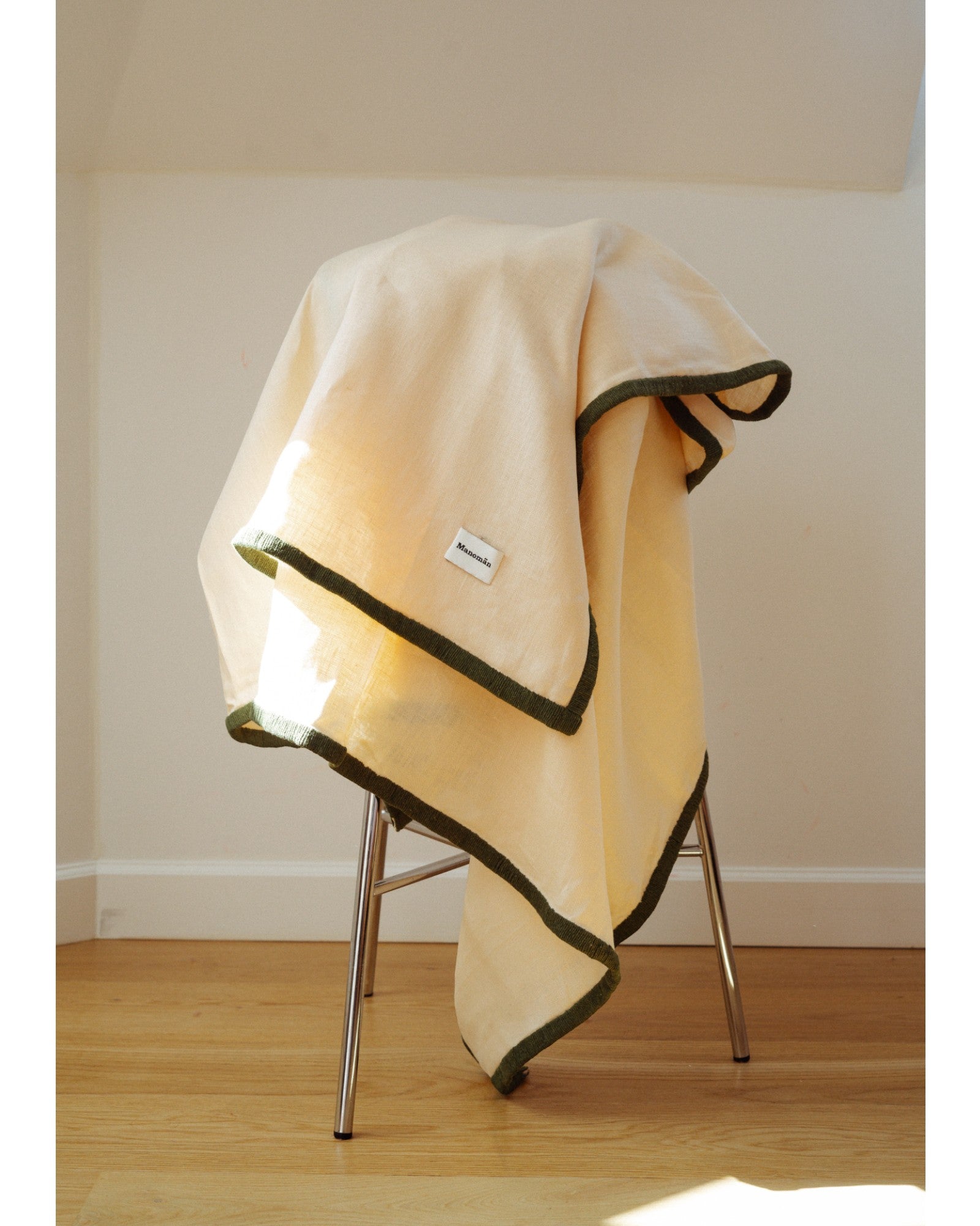 Linen Throw Blanket With Embroidered Border - Light Beige, Green Border