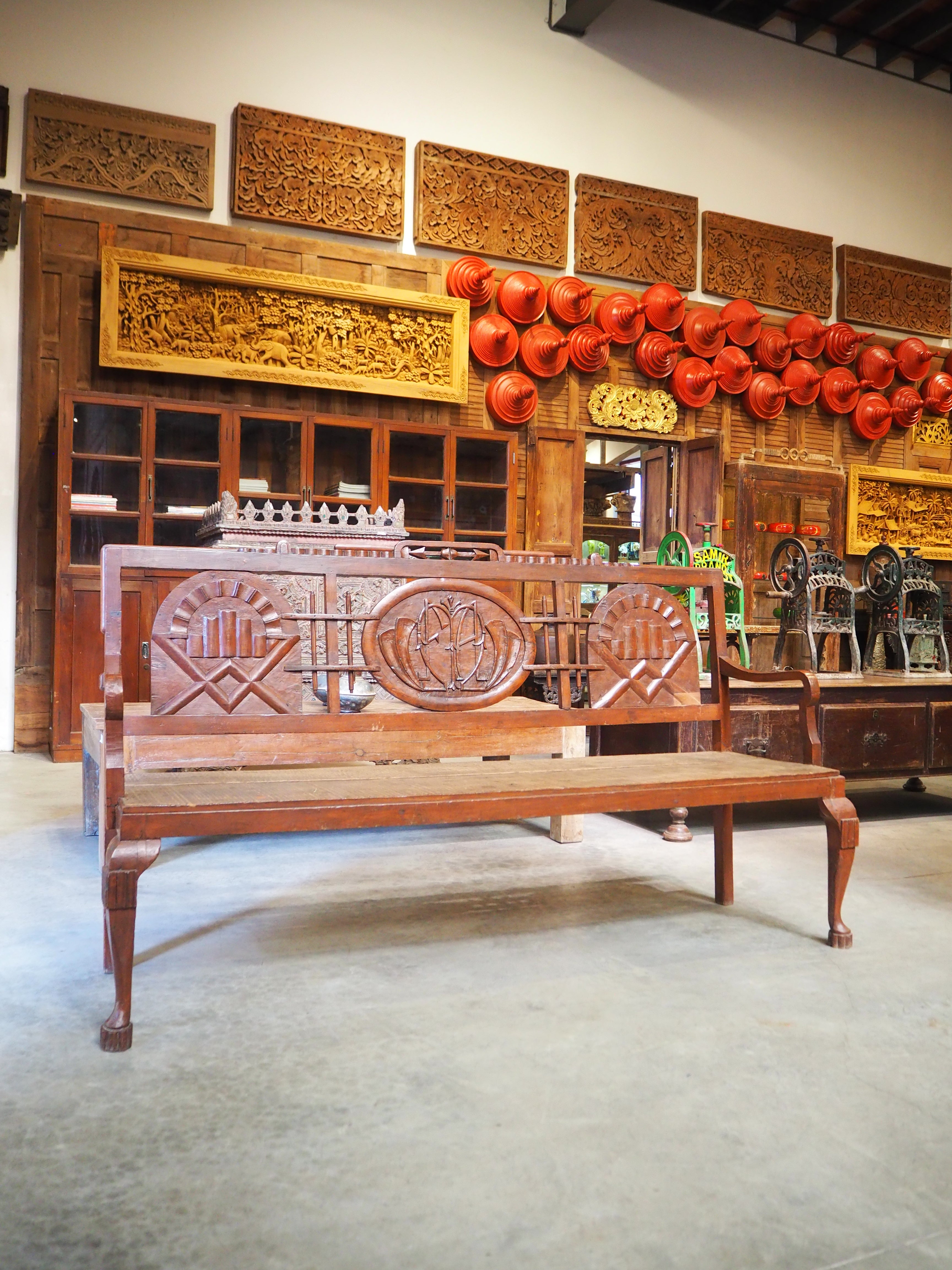 1920s Colonial Carved Emblem Teak Bench