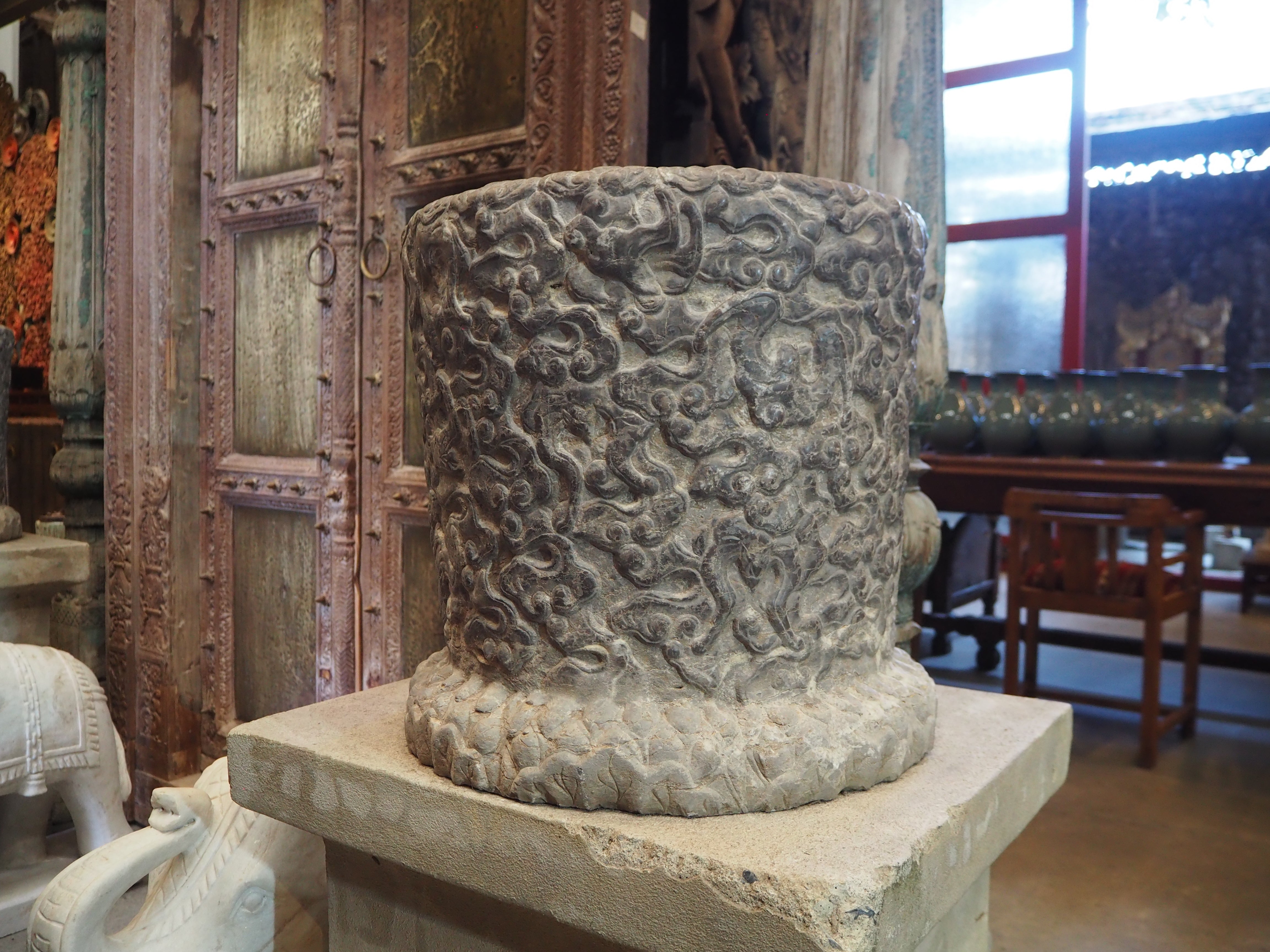 Cylindrical Chinese Limestone Carved Planters - Set of 2