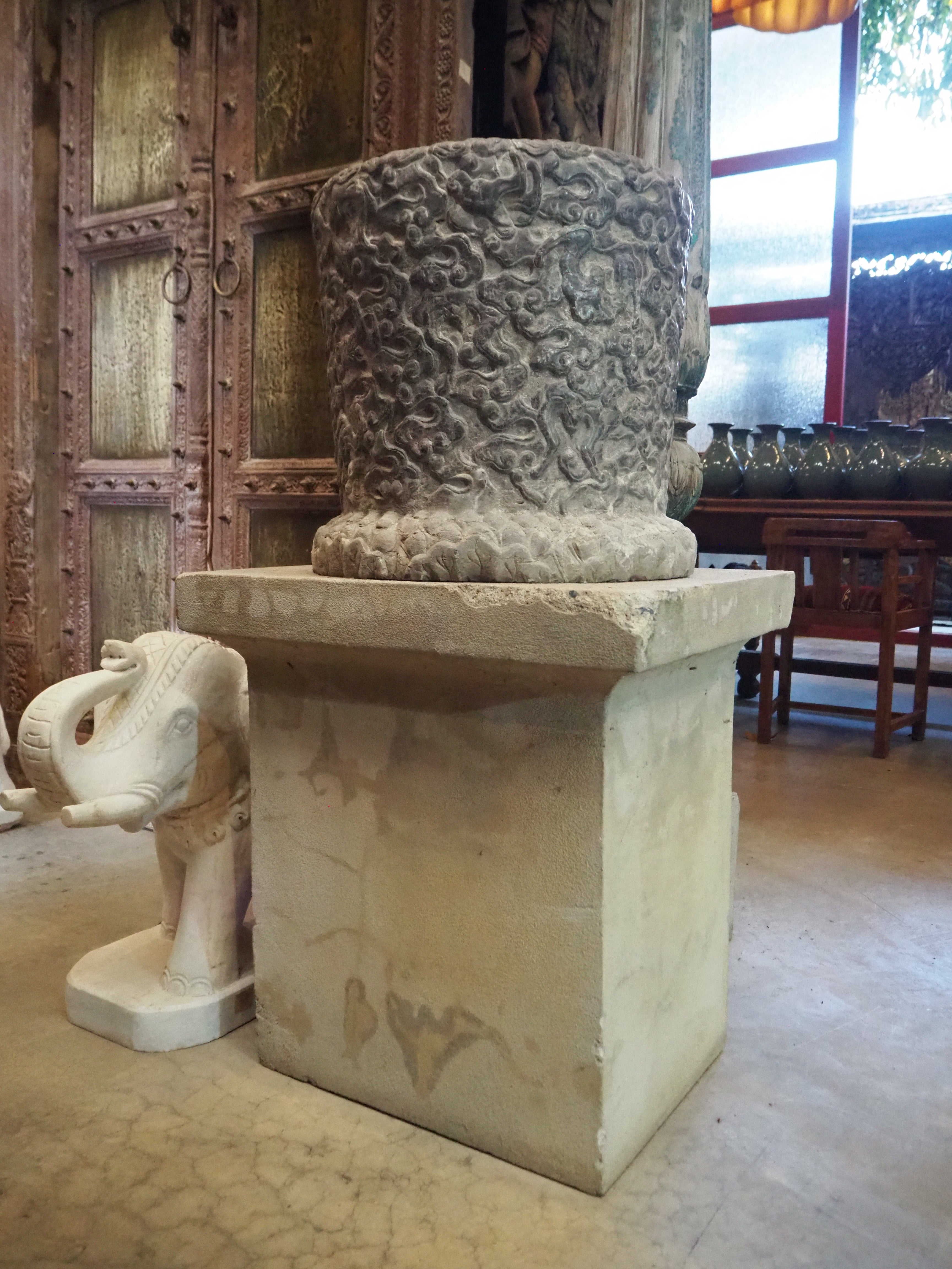 Cylindrical Chinese Limestone Carved Planters - Set of 2