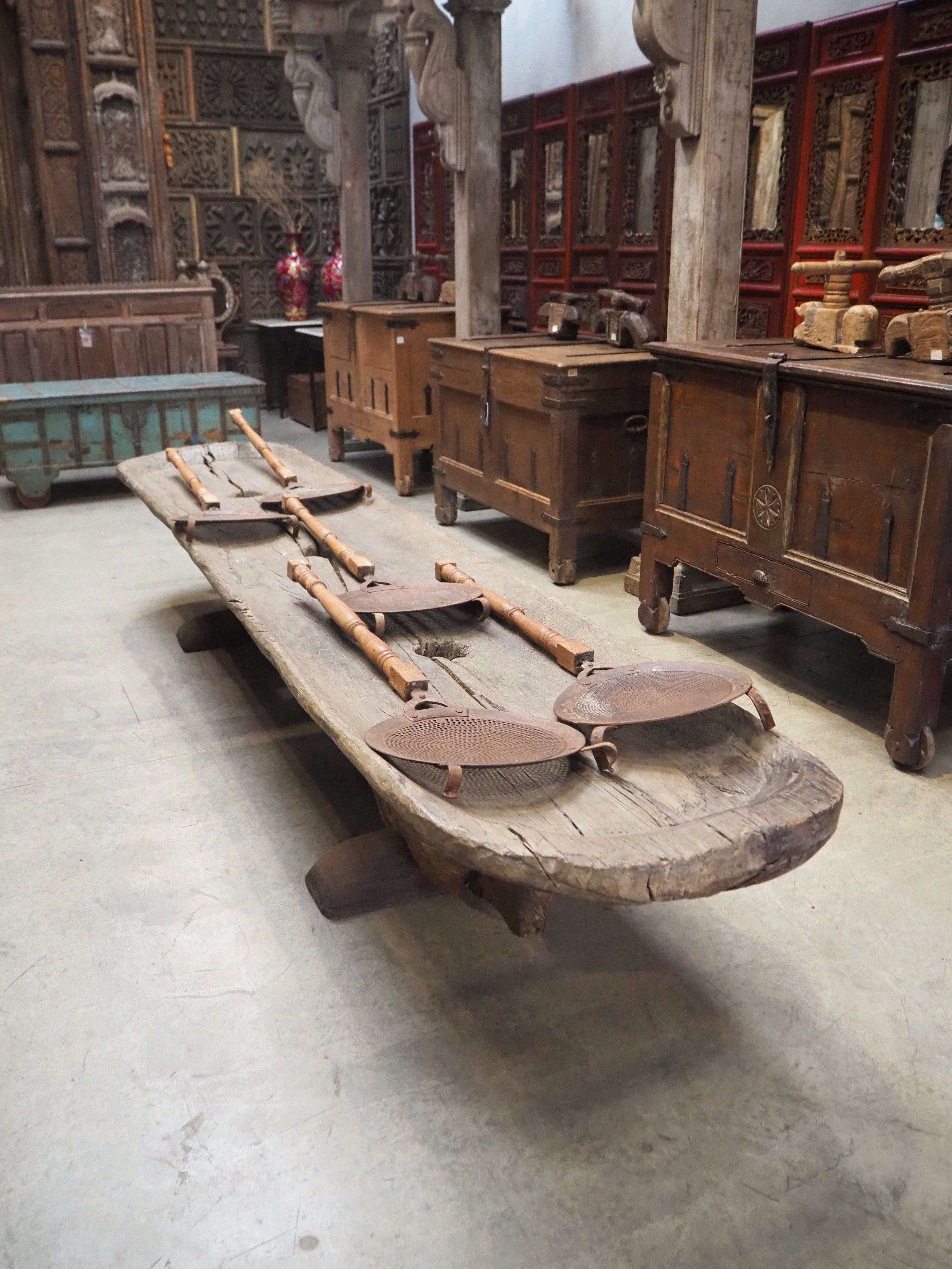 Extravagant Giant Antique Indian Wooden Rice Grinder 1920s