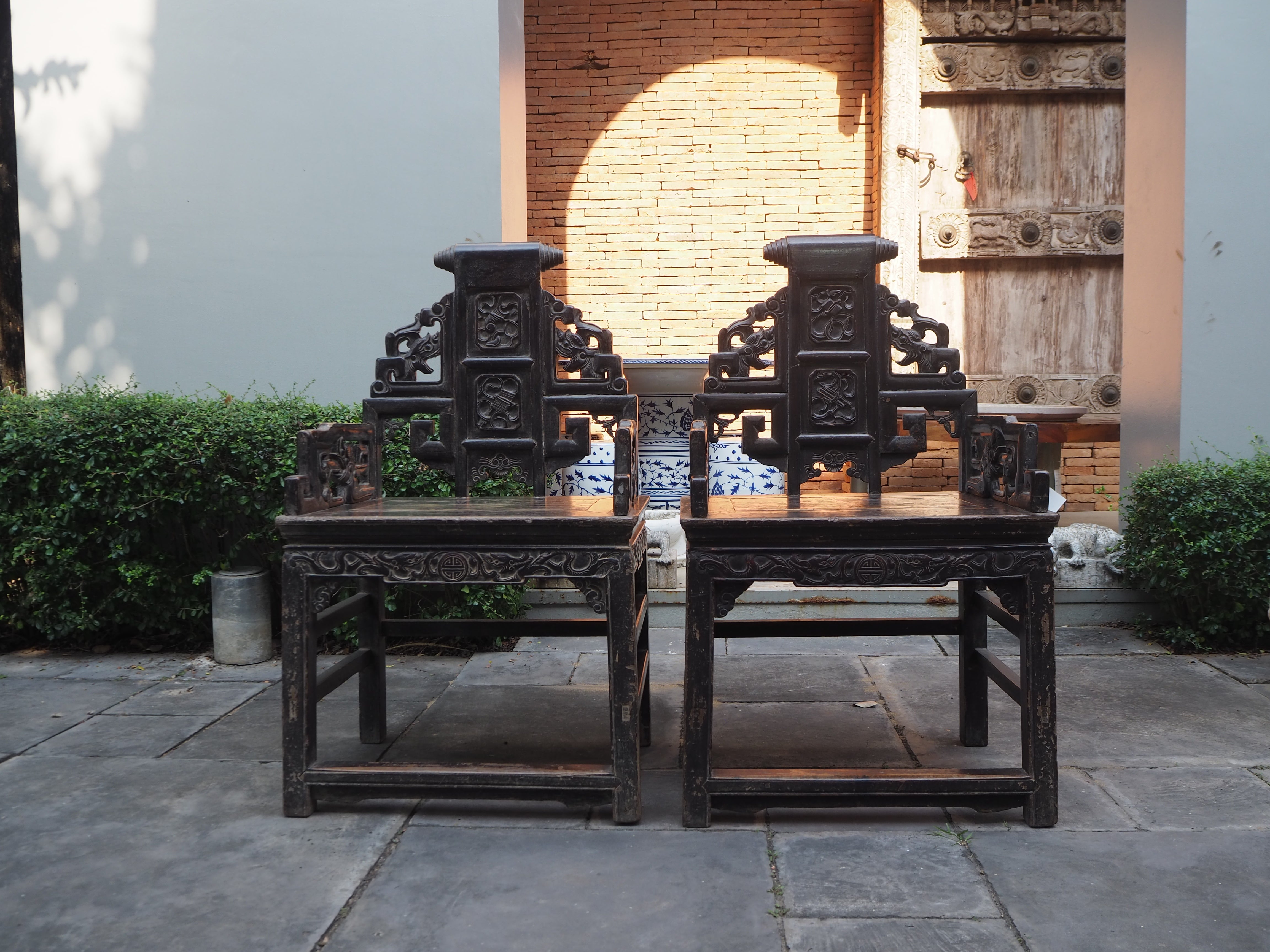 Mid Qing Dynasty Chang Mu Scroll Back Dragon Armchairs - Set of 2