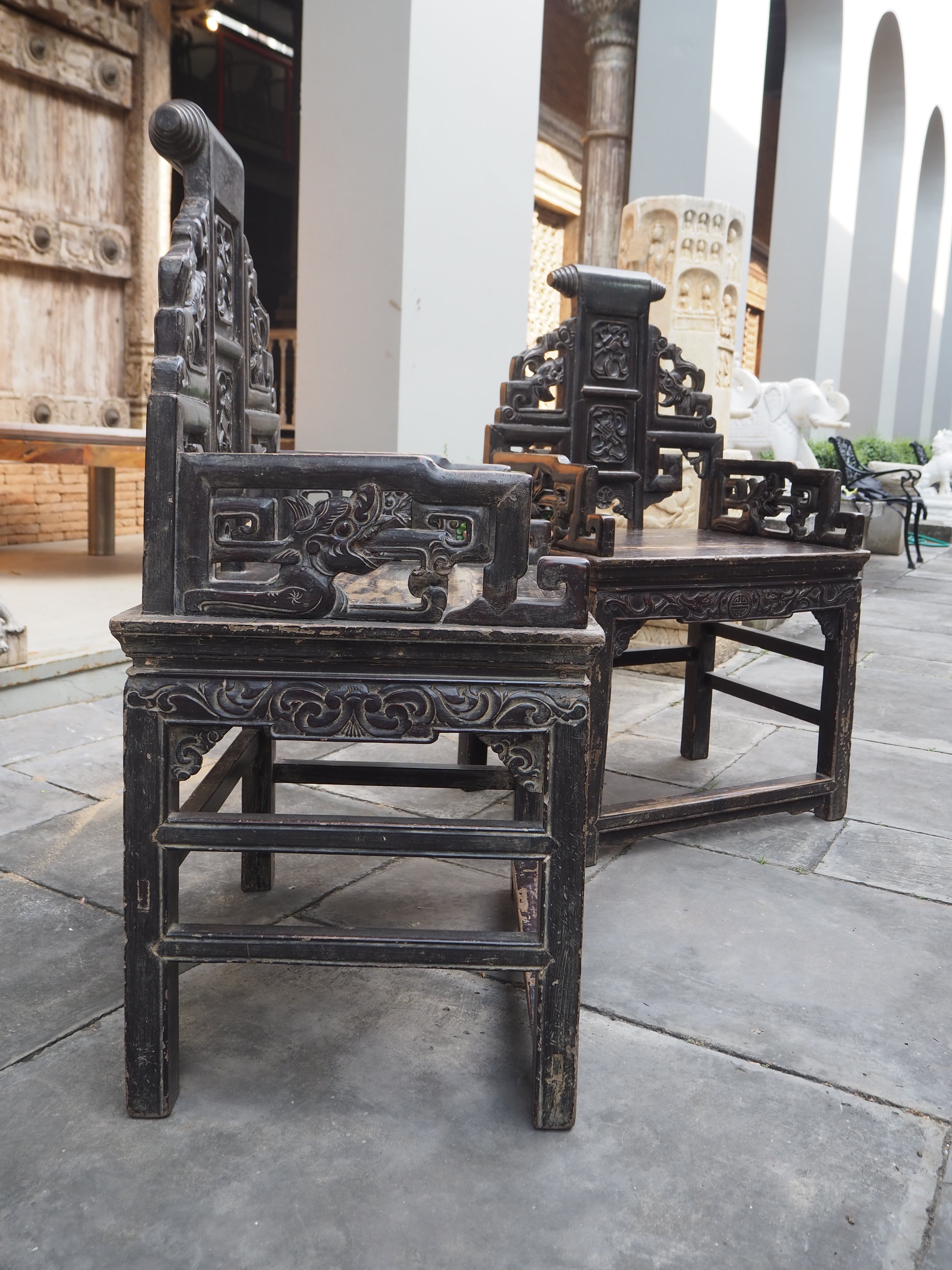 Mid Qing Dynasty Chang Mu Scroll Back Dragon Armchairs - Set of 2