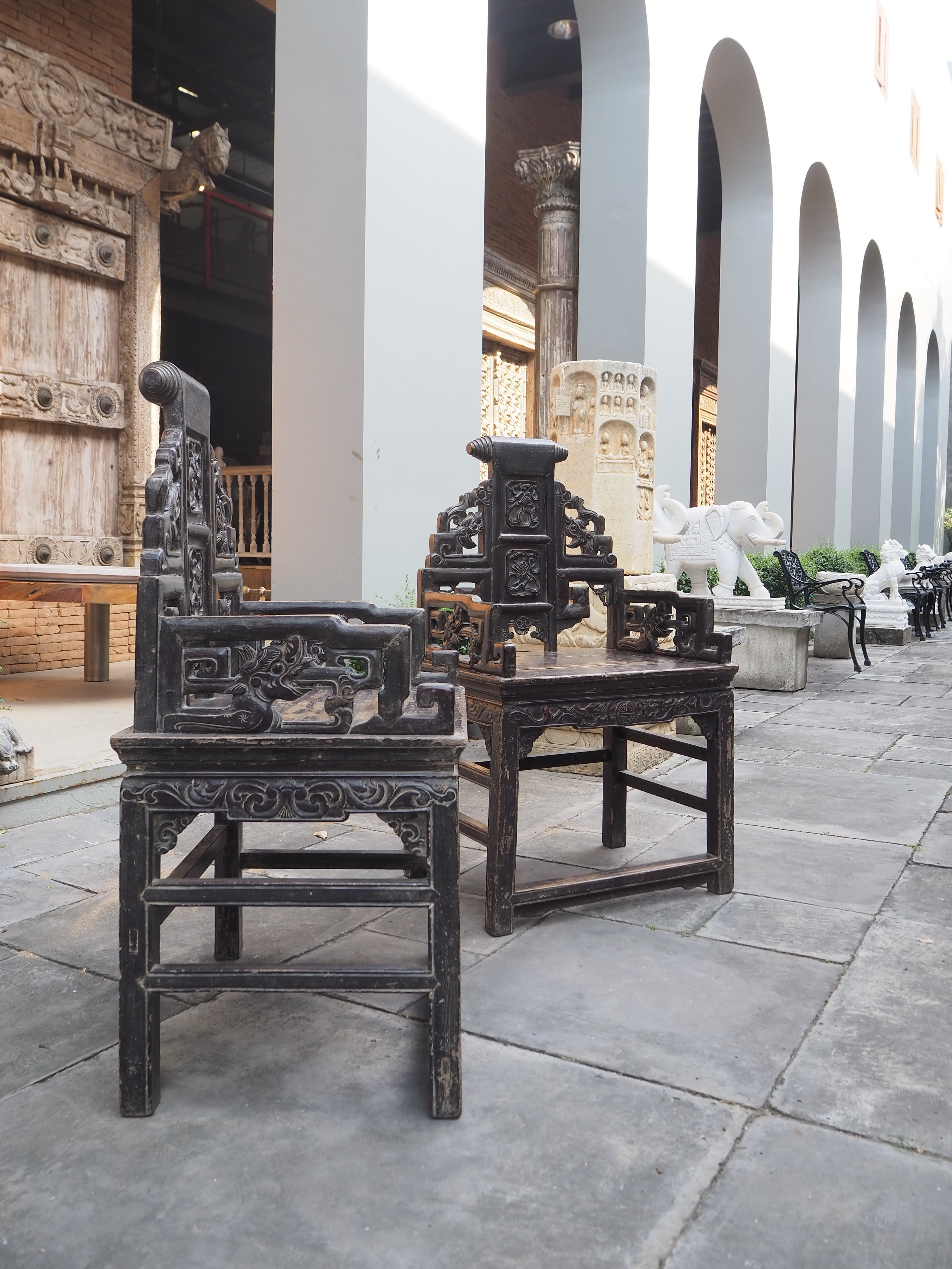 Mid Qing Dynasty Chang Mu Scroll Back Dragon Armchairs - Set of 2