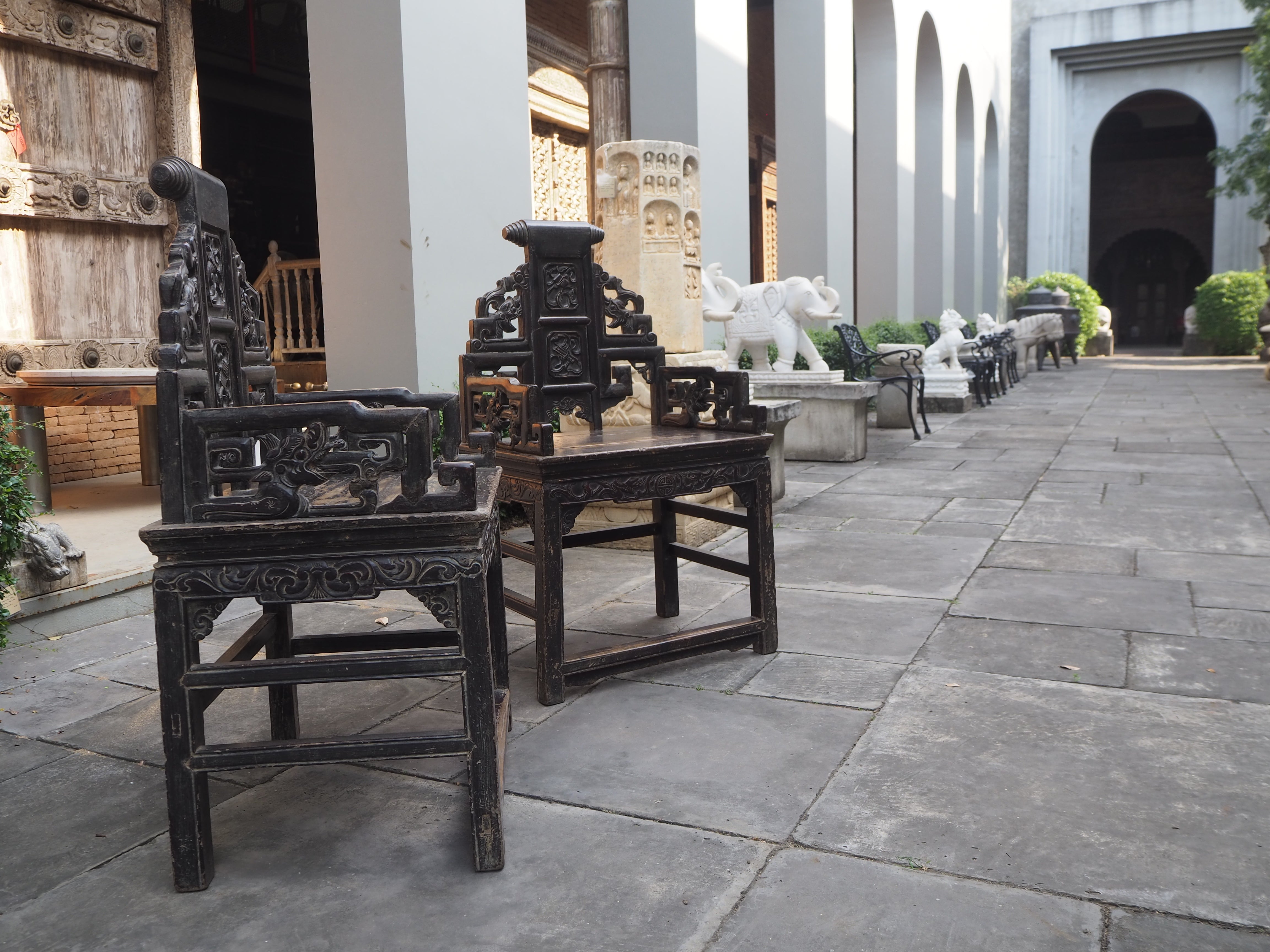 Mid Qing Dynasty Chang Mu Scroll Back Dragon Armchairs - Set of 2