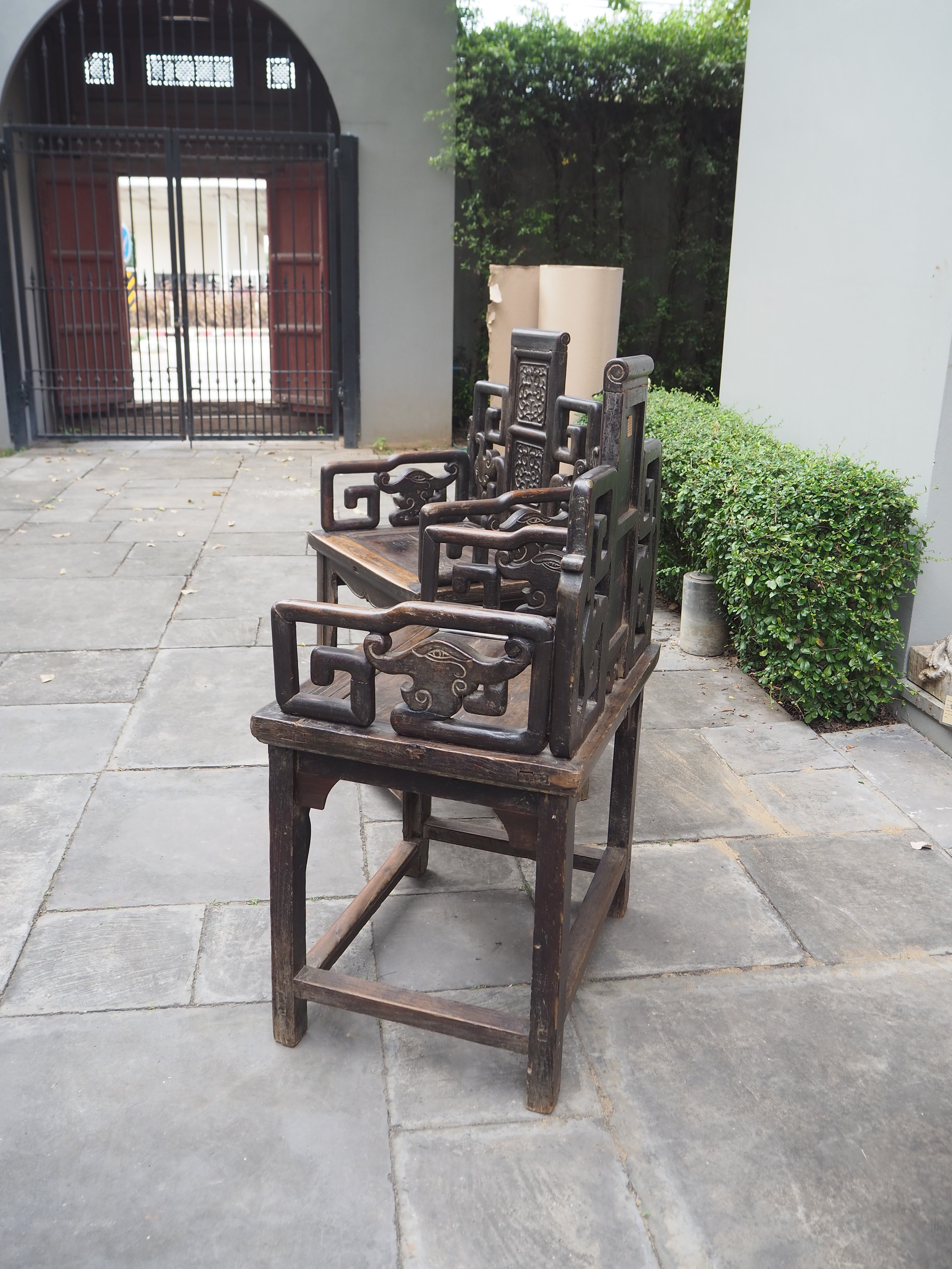Mid Qing Dynasty Black Elm Lacquered Zhuo Vine Armchairs - Set of 2