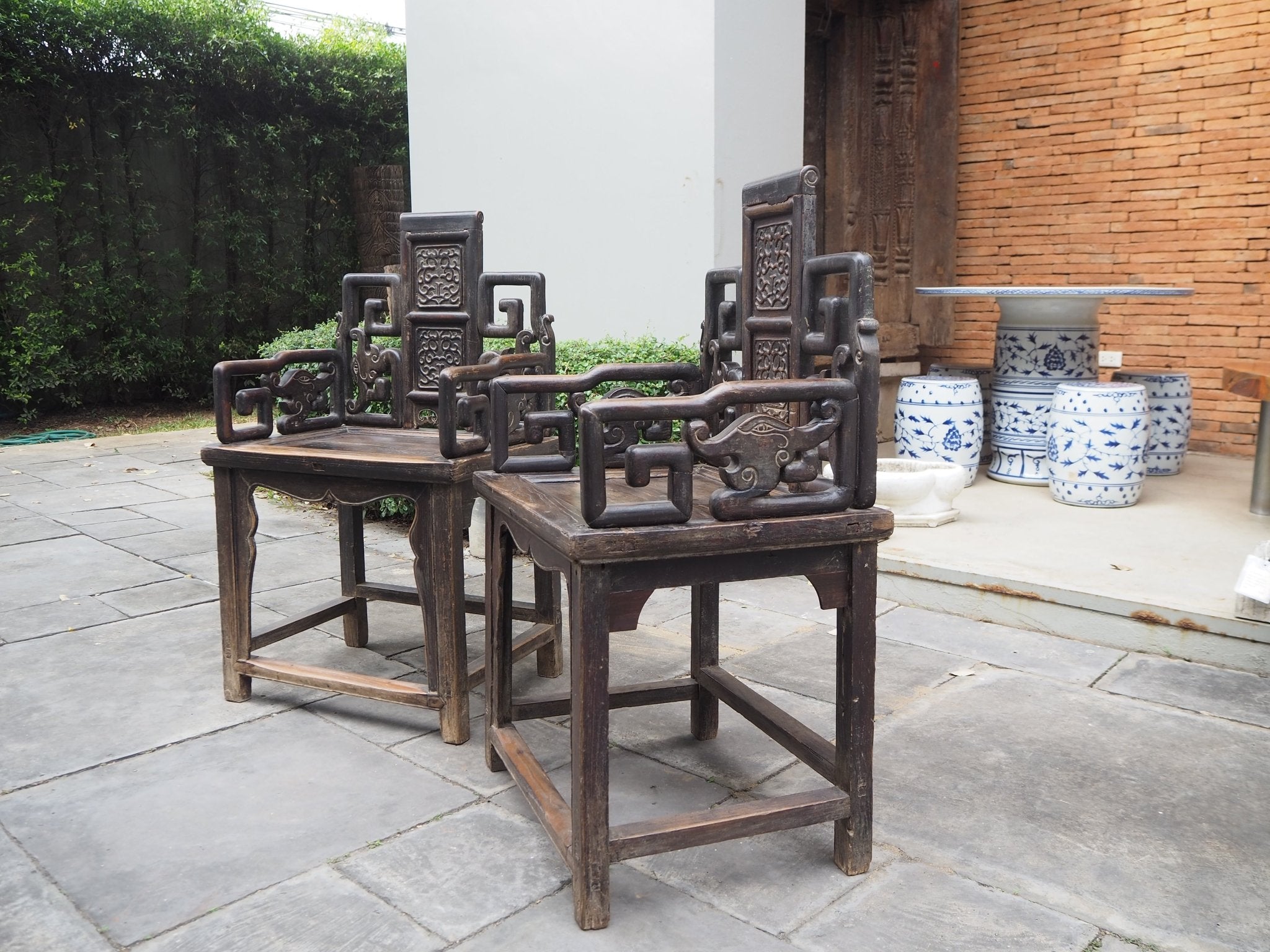 Mid Qing Dynasty Black Elm Lacquered Zhuo Vine Armchairs - Set of 2 - Surround Living - 18