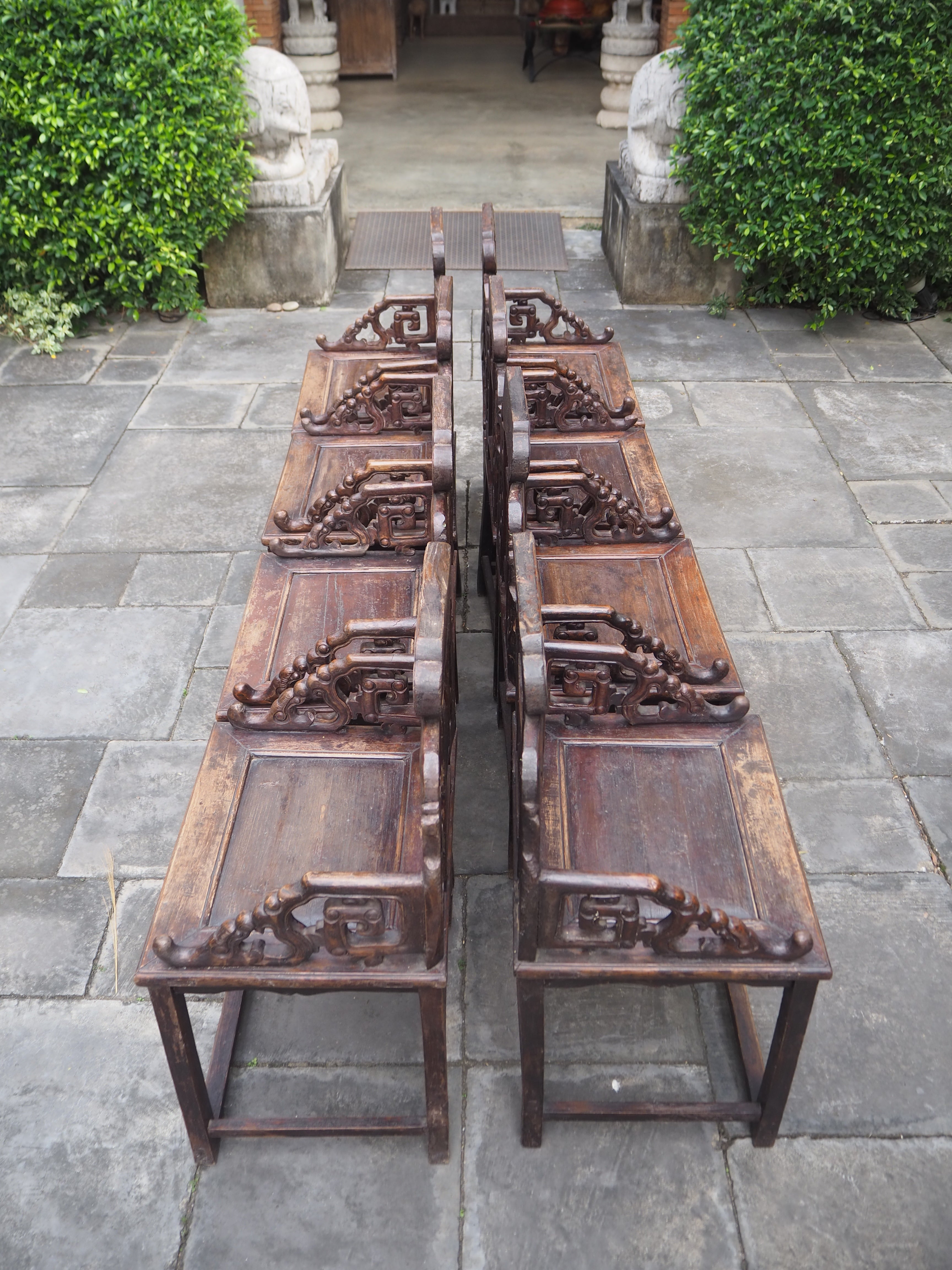 Antique Late Qing Cedar Daily Life Scenic Dining Armchairs - Set of 8