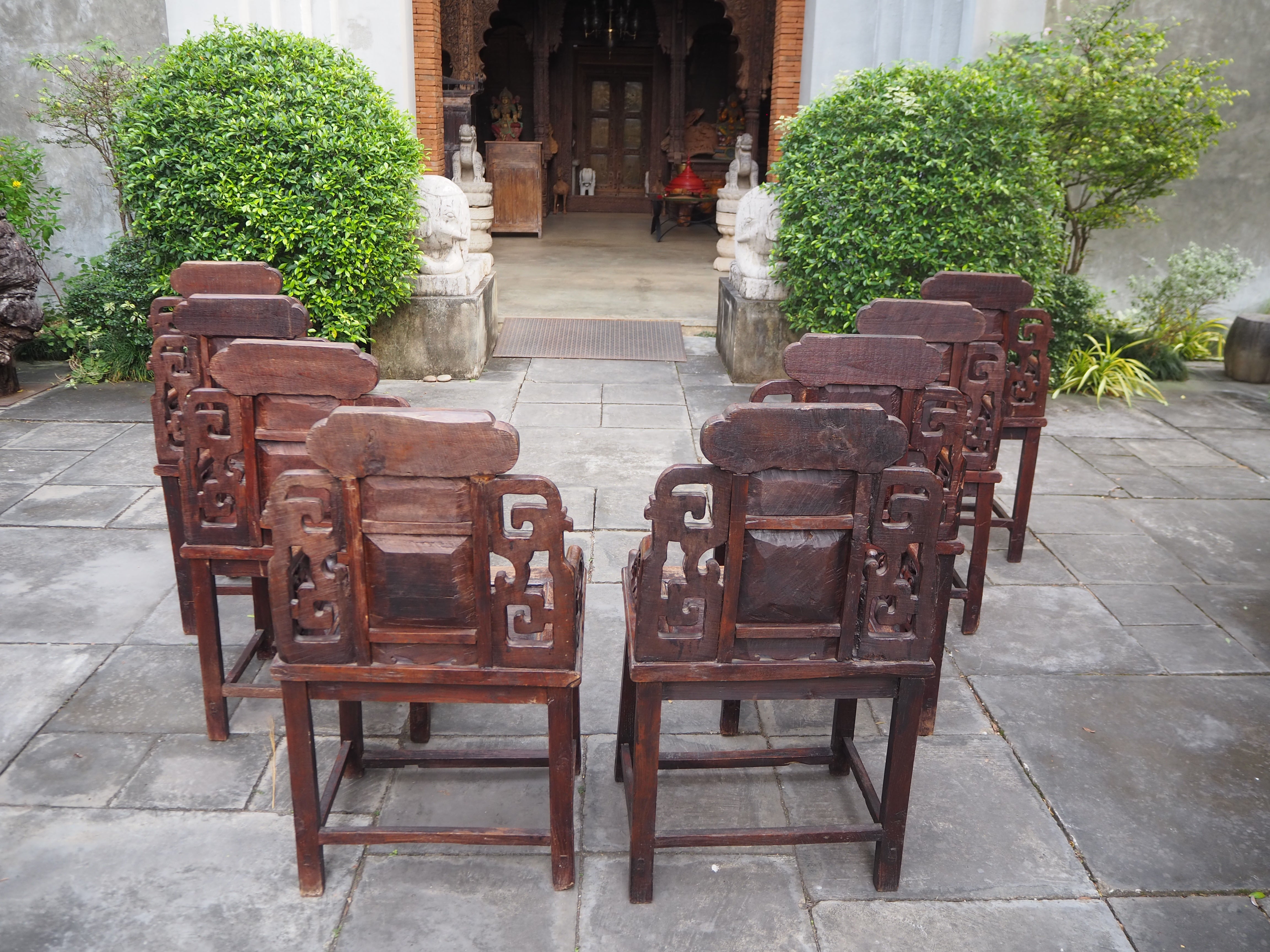 Antique Late Qing Cedar Daily Life Scenic Dining Armchairs - Set of 8