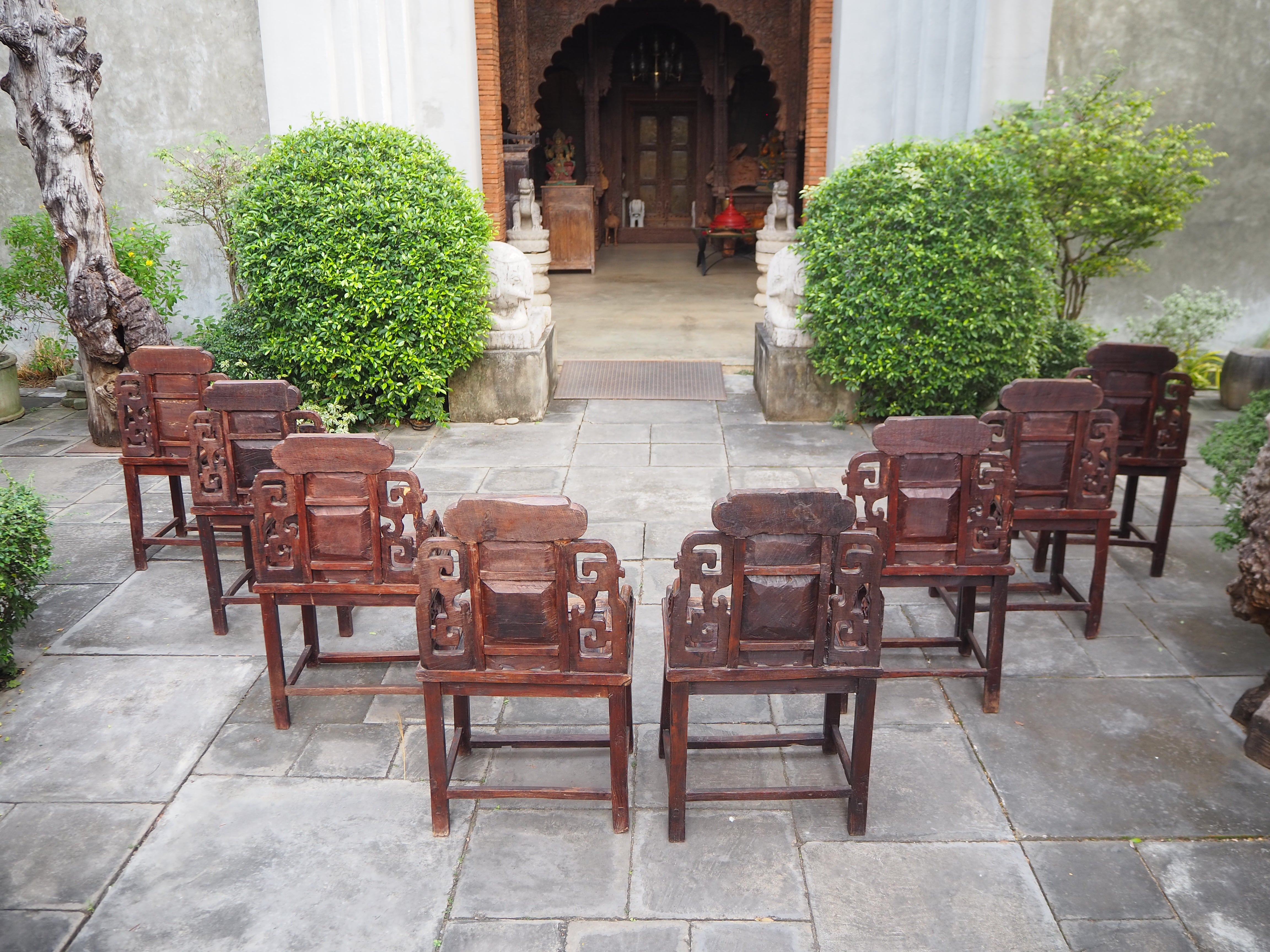 Antique Late Qing Cedar Daily Life Scenic Dining Armchairs - Set of 8