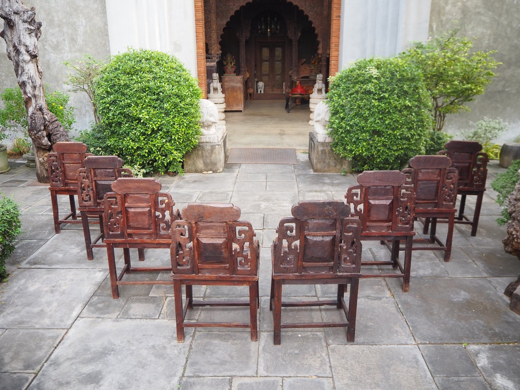 Antique Late Qing Cedar Daily Life Scenic Dining Armchairs - Set of 8 - Surround Living - 24