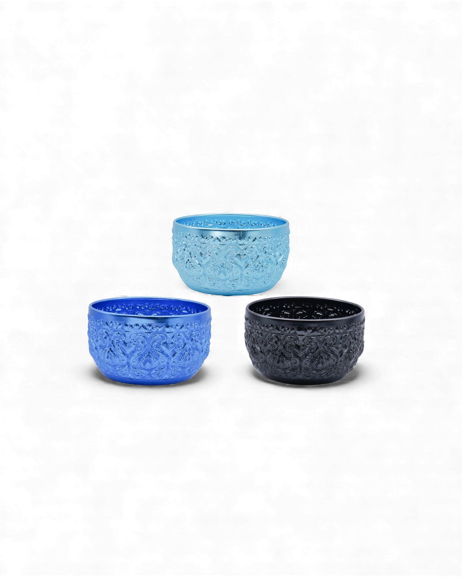Thai Shades of Blue Colourful Embossed Aluminium Bowl (M) - 22cm Set of 3